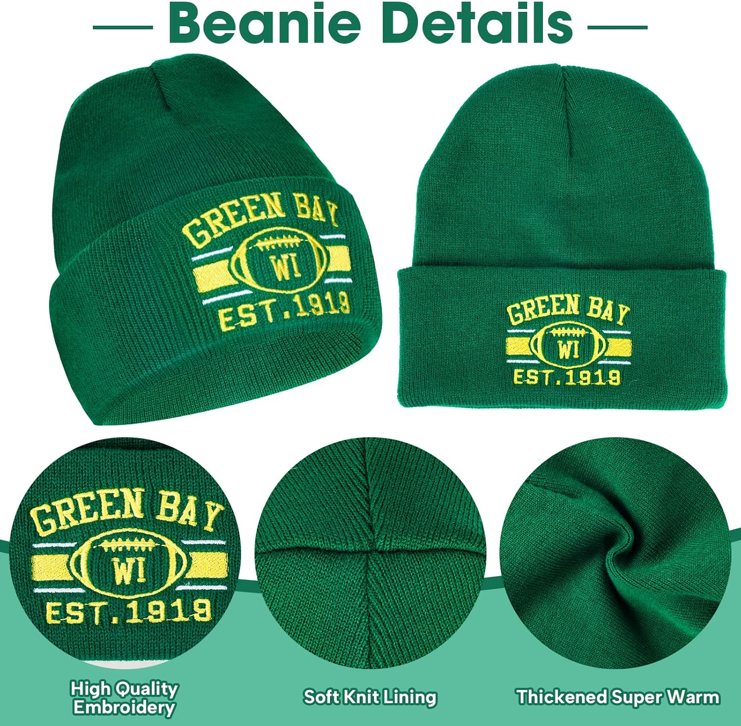 Classic Beanie Hat for Football Fans Embroidered Skull Cap Vintage Cuffed Knit Hat Warm Winter Gloves Gifts for Men Women - Image 2