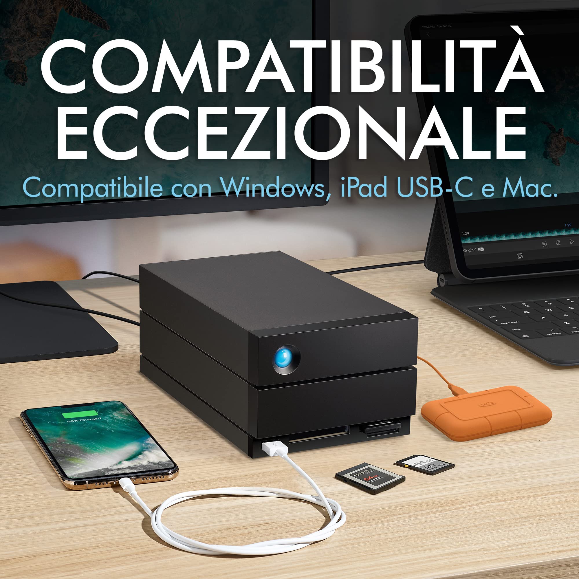 LaCie 2big Dock Thunderbolt 3 60TB Hard Disk Esterno, 3.5", Thunderbolt 3, RAID 1/2, USB-C + Card Reader, PC & Mac, Data Rescue Service (STLG60000400)