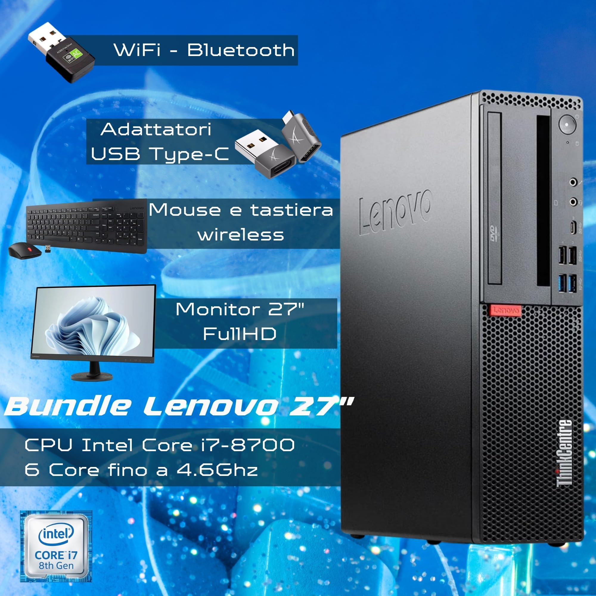 Lenovo PC Completo Ufficio Professionale i7 8700 fino a 4.6ghz - Monitor 27 Pollici FHD 32 GB di Ram 1 Tera SSD - Kit mouse e tastiera layout Italiano - Win 11 Pro Office 2021 Pro Garanzia 36 Mesi