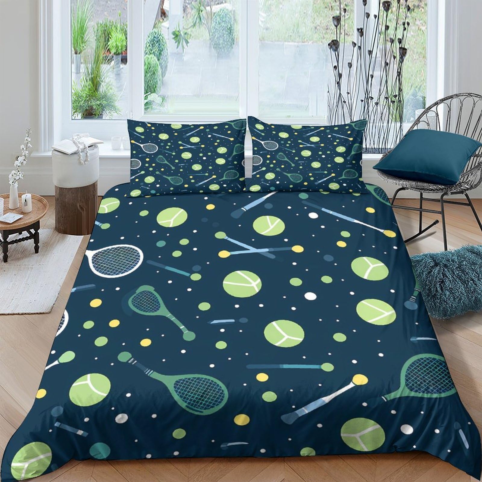 GPLZQXKJNH 3D Printed Tennis Ball Duvet Cover Microfiber Soft Breathable Racket Bedding Set with 2 Pillowcases for Bedroom Decor Single（135x200cm）