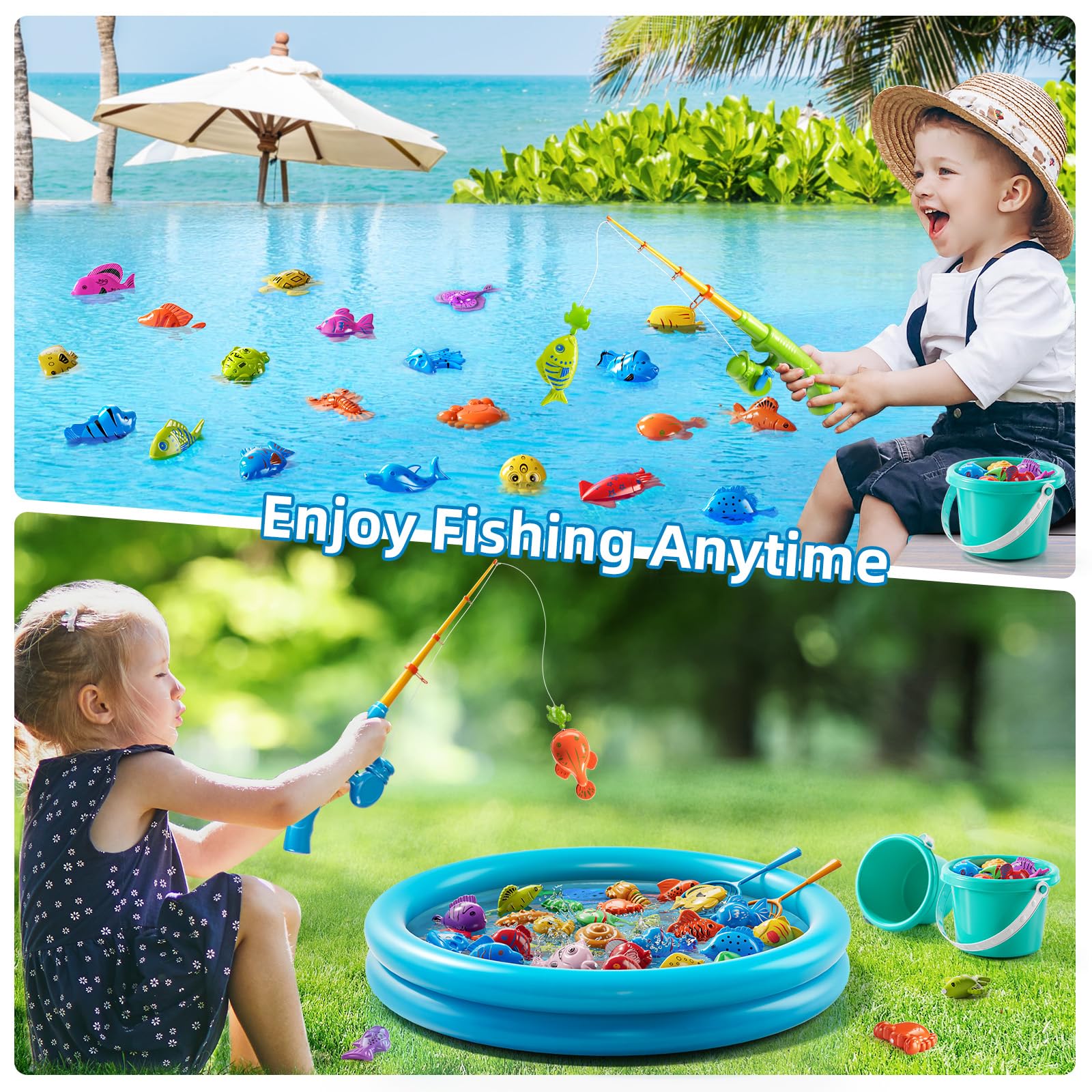 JUKUDAHU Magnetisches Angelspielzeug für Kinder 3-5 Jahre | Mit aufblasbarem Kinderpool, Badewannenspielzeug, Outdoor Spielzeug, Für Jungen und Mädchen 3-8 Jahre