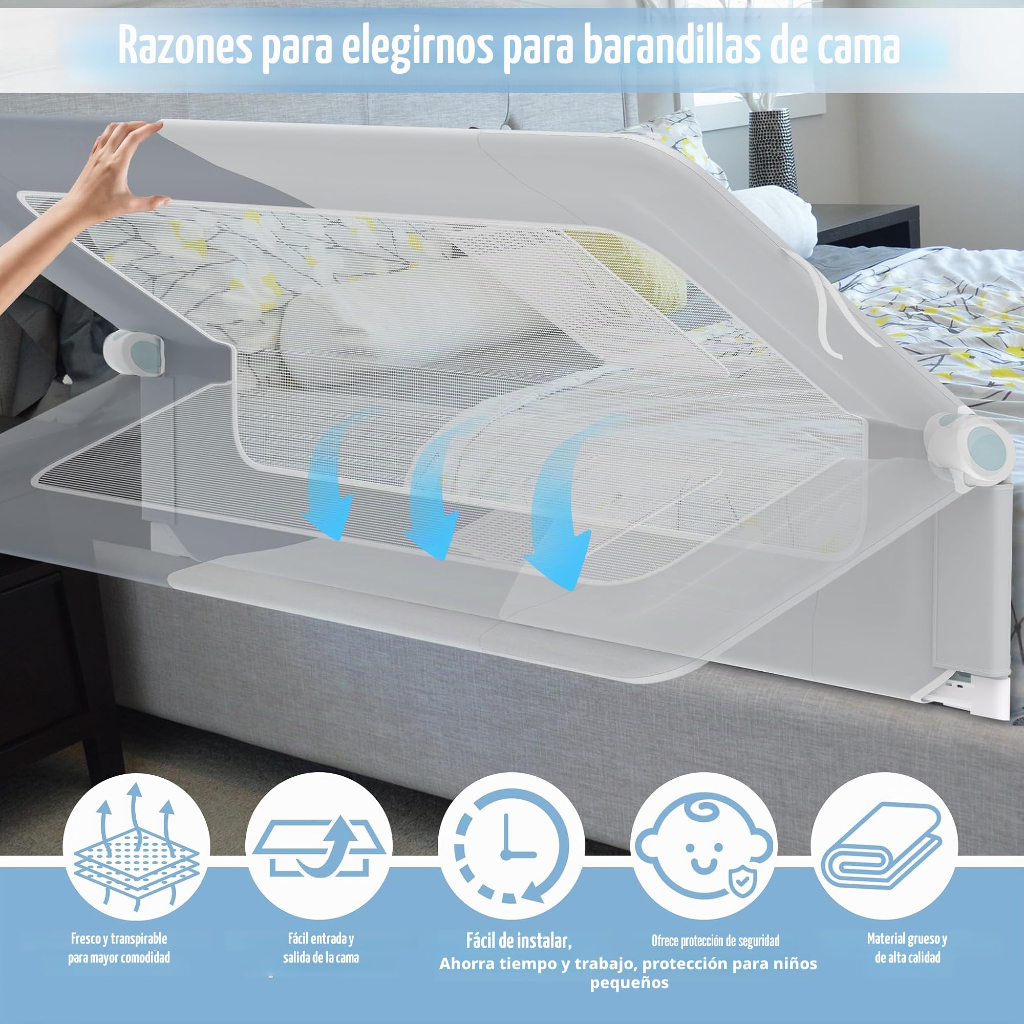 UISEBRT Barrera de cama de 200 cm, plegable, protección contra caídas, altura ajustable para cuna, transpirable, con bolsa de almacenamiento, gris oscuro