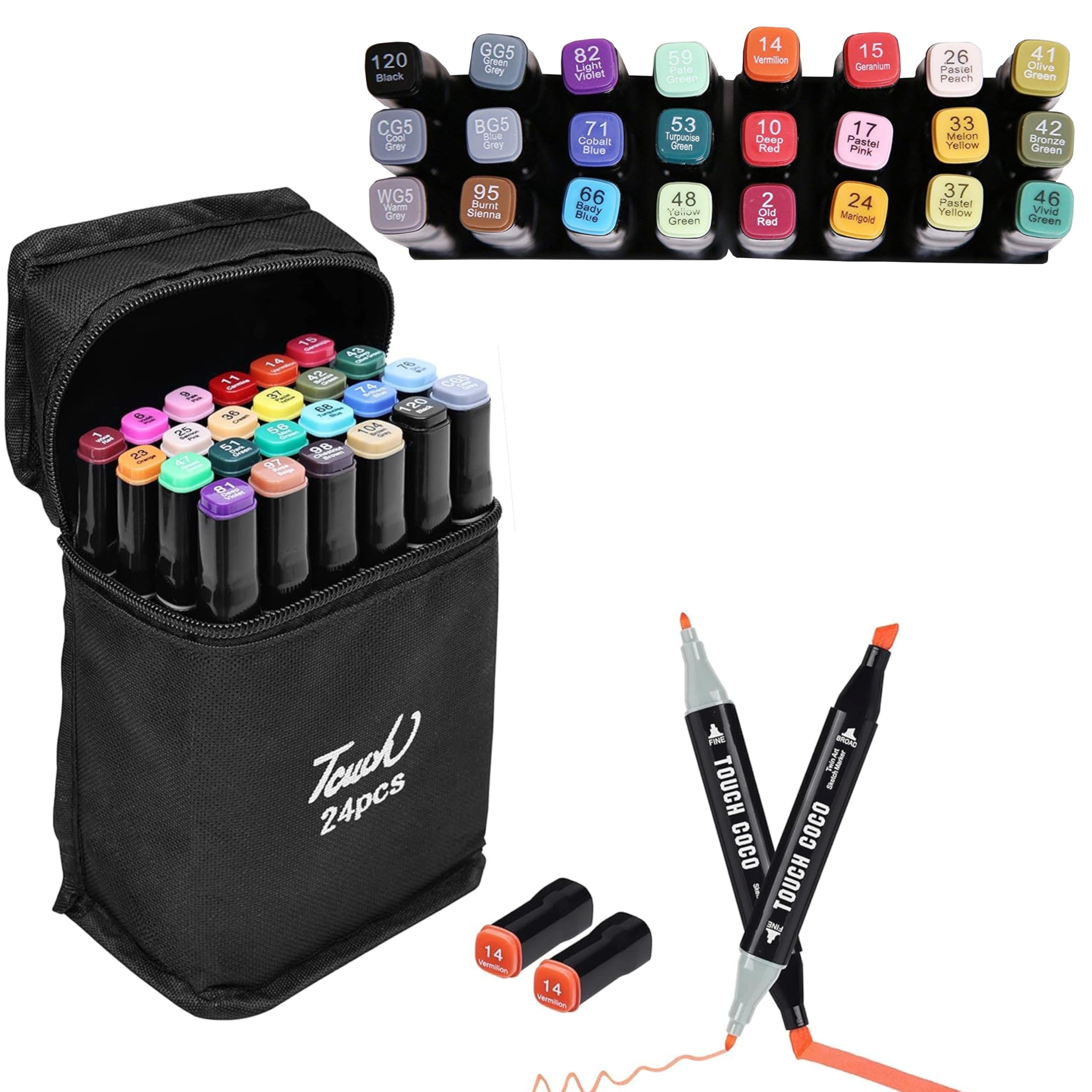Livzing Dual Tip Art Markers 24 Colours With Carrying Case For Painting Sketching Calligraphy Drawing Odorless & Non Toxic - Twin Head Permanent Colouring Markers For Kids Adult Beginners | Assorted