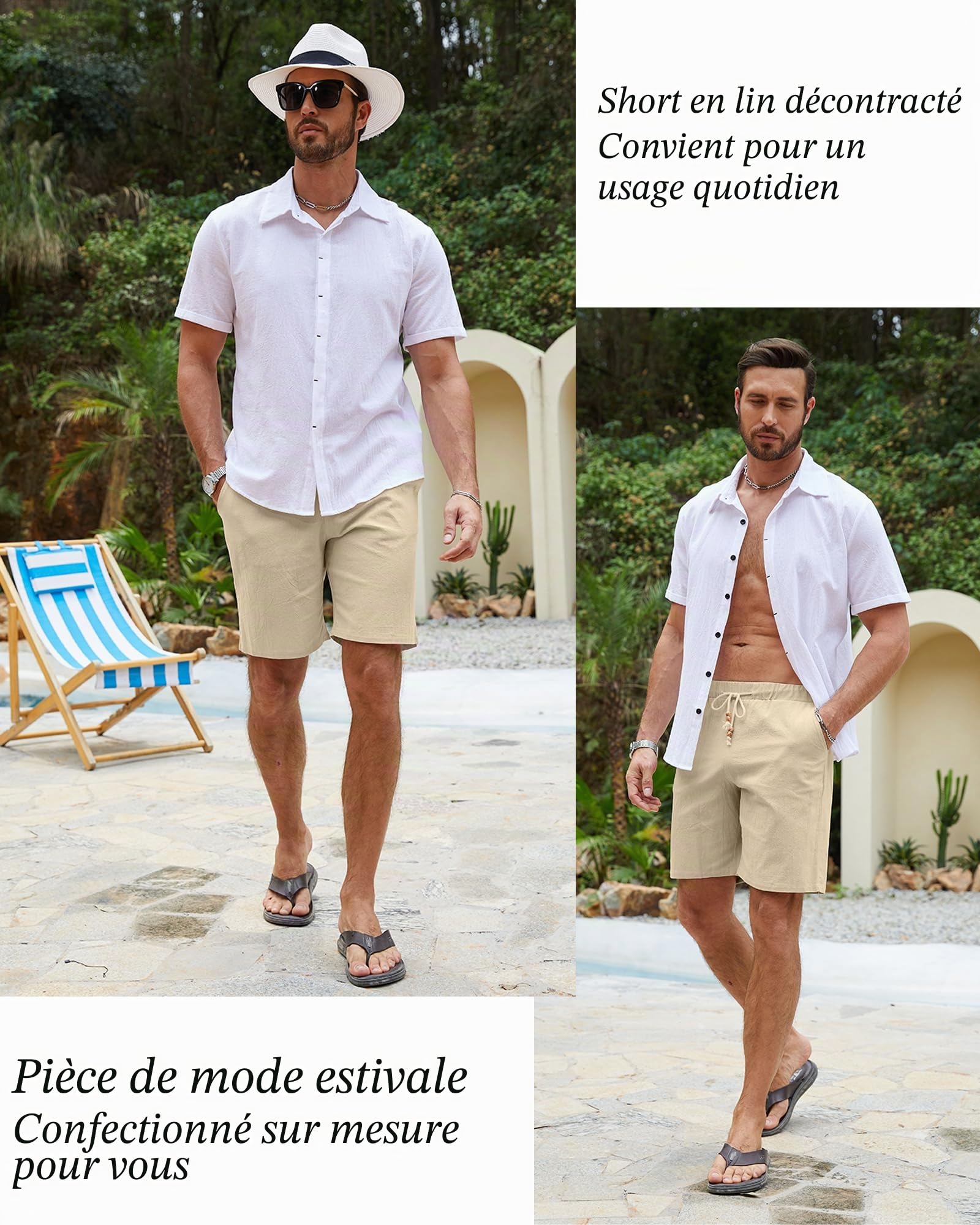 LVCBL Shorts et Bermudas Homme Short d'été léger en Lin pour Homme avec Poches M-3XL