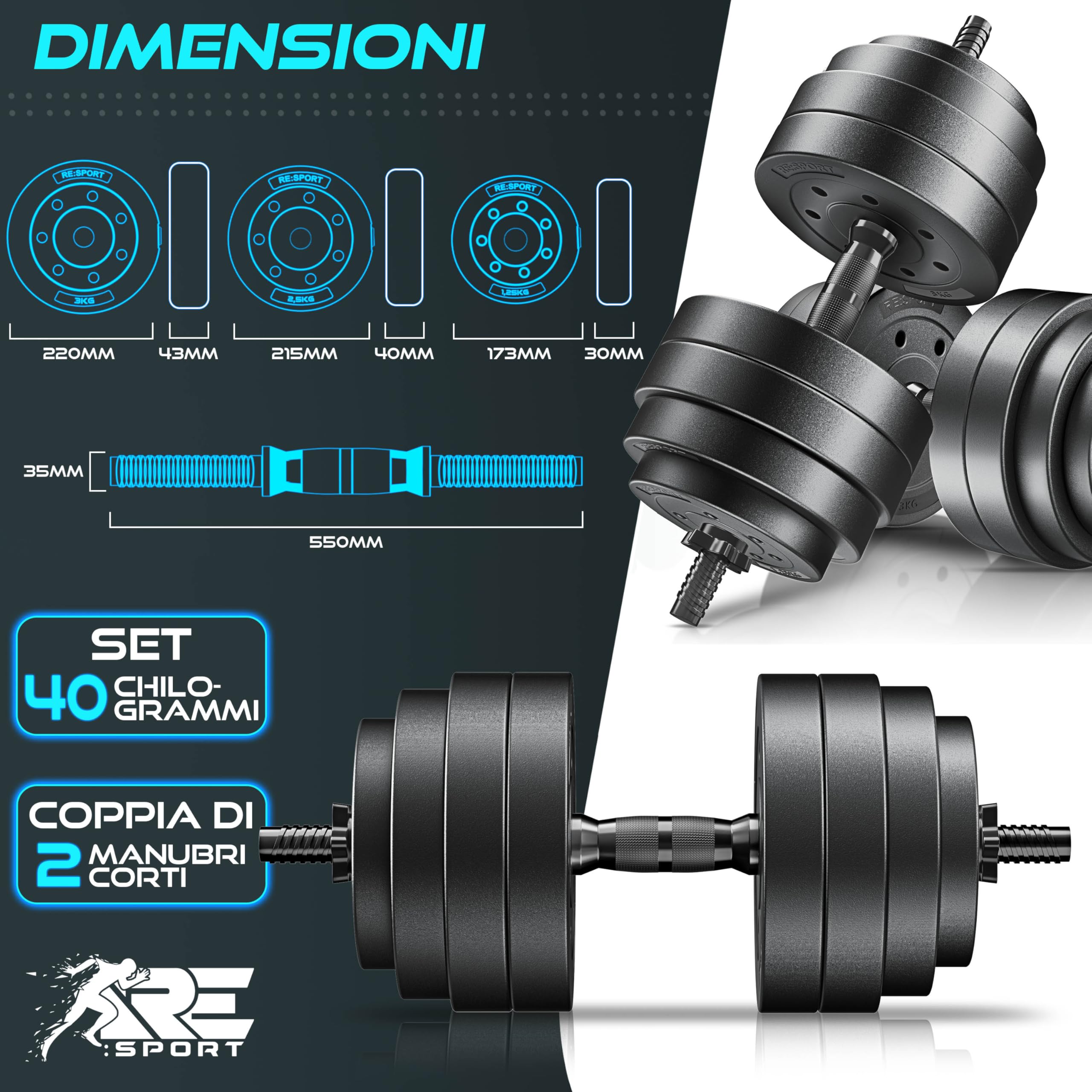 RE:SPORT Set di 2 manubri regolabili 15/20/30/40 kg | Manubri con pesi e 4 chiusure a stella | Manubri fitness per costruzione muscolare, allenamento e casa