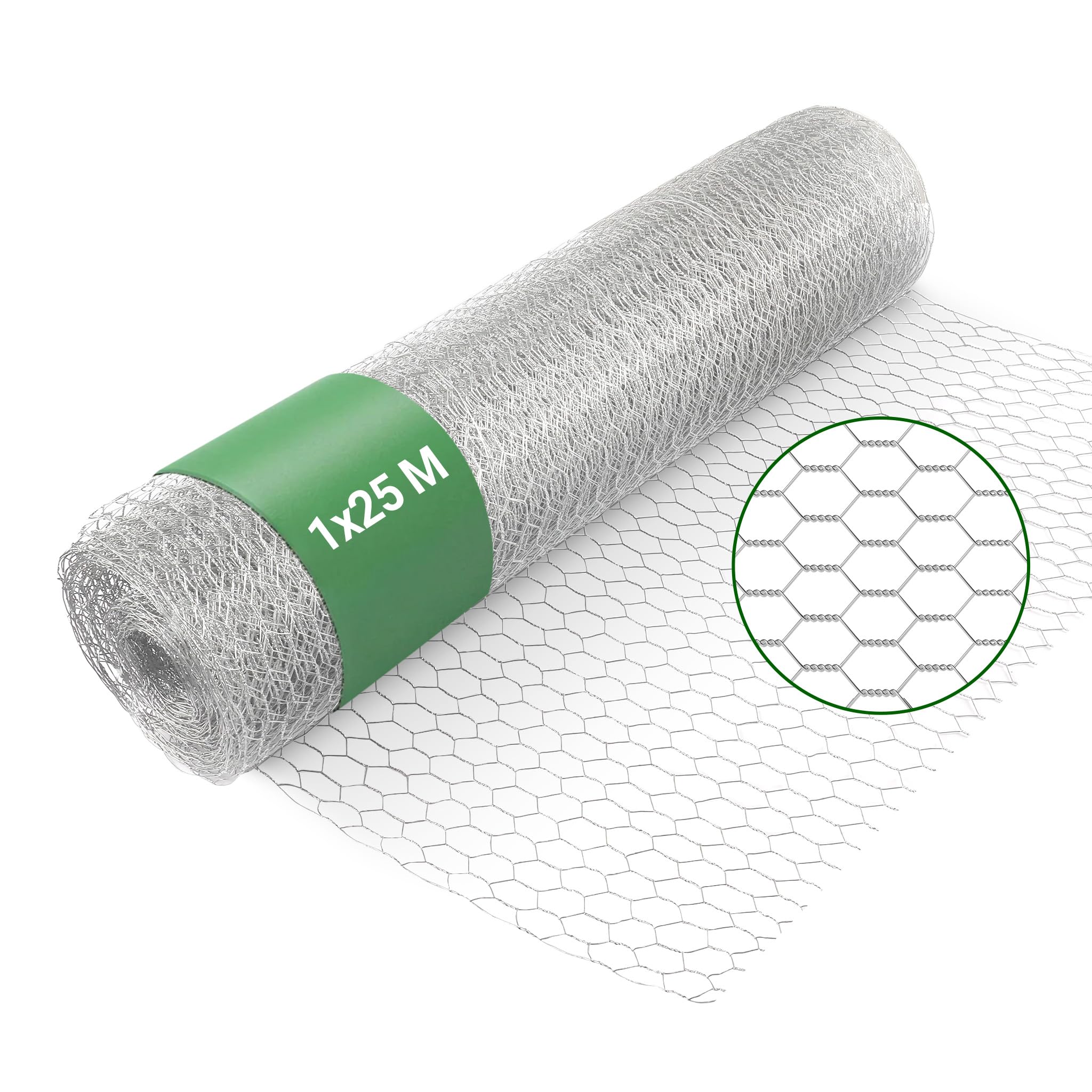 Wiltec Rete metallica per recinzione, voliere, gabbie, rete zincata 1 x 25 m, maglia esagonale da 50 mm, in acciaio zincato, resistente alle intemperie