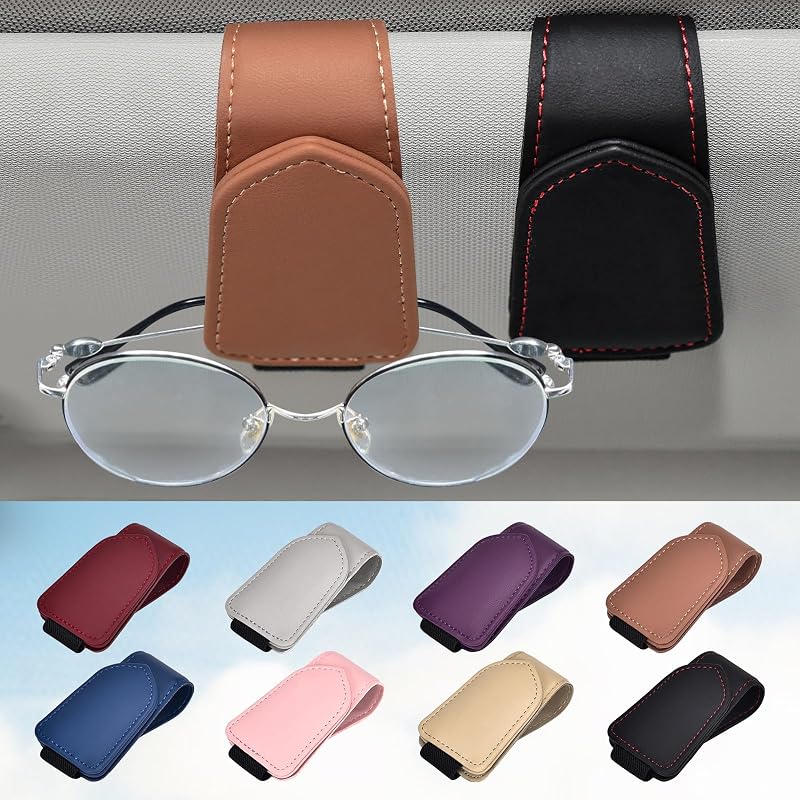 Hoffi Kit com 2 Prendedores Magnéticos para Óculos no Para-Sol do Carro em Couro Preto e Marrom