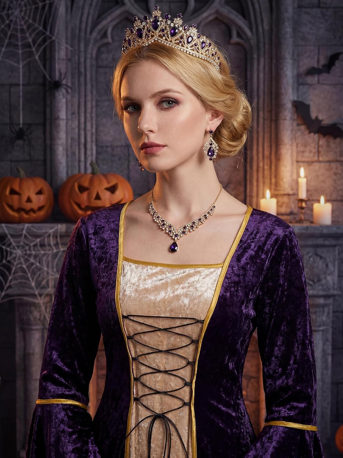 Mepase Women Renaissance Velvet Dress Medieval Costume with Rhinestone Tiaras Crowns Irish Dresses Halloween Gothic Cosplay