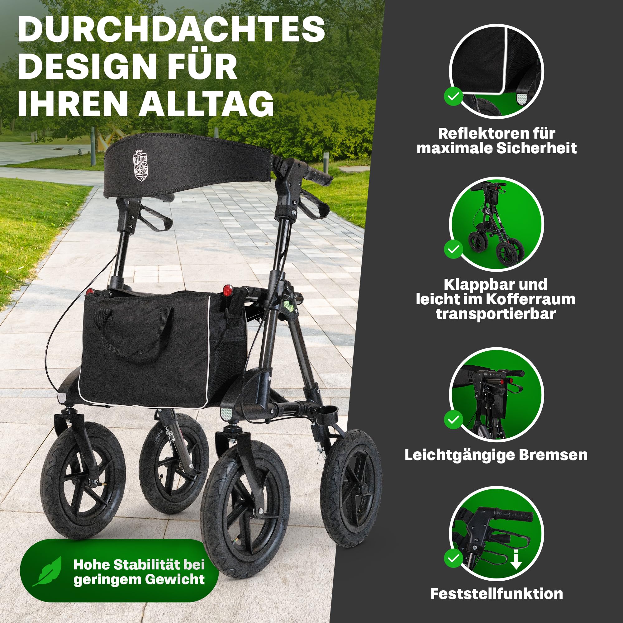 Rollator mit Luftbereifung (30 cm) bequemem Sitz und Lehne - robust leicht und faltbar. Der ideale Geländerollator für draußen in Titanschwarz