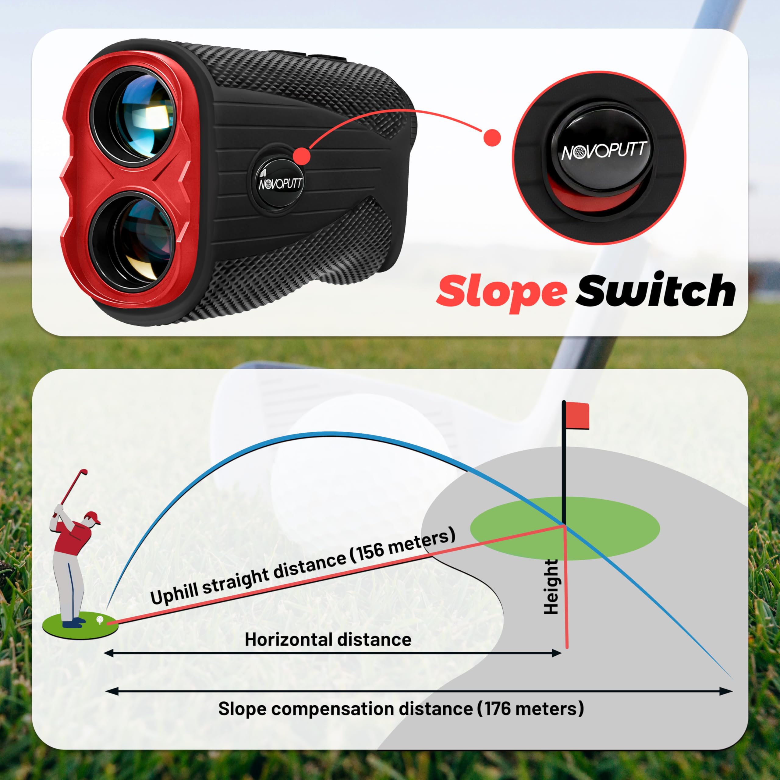 Golf Entfernungsmesser mit Steigung - 7X Vergrößerung Pin Lock Vibration, Externer Neigungsschalter für Golfturnier Legal, Entfernungsmesser mit wiederaufladbarem Akku, 1200YDS Entfernungsmesser
