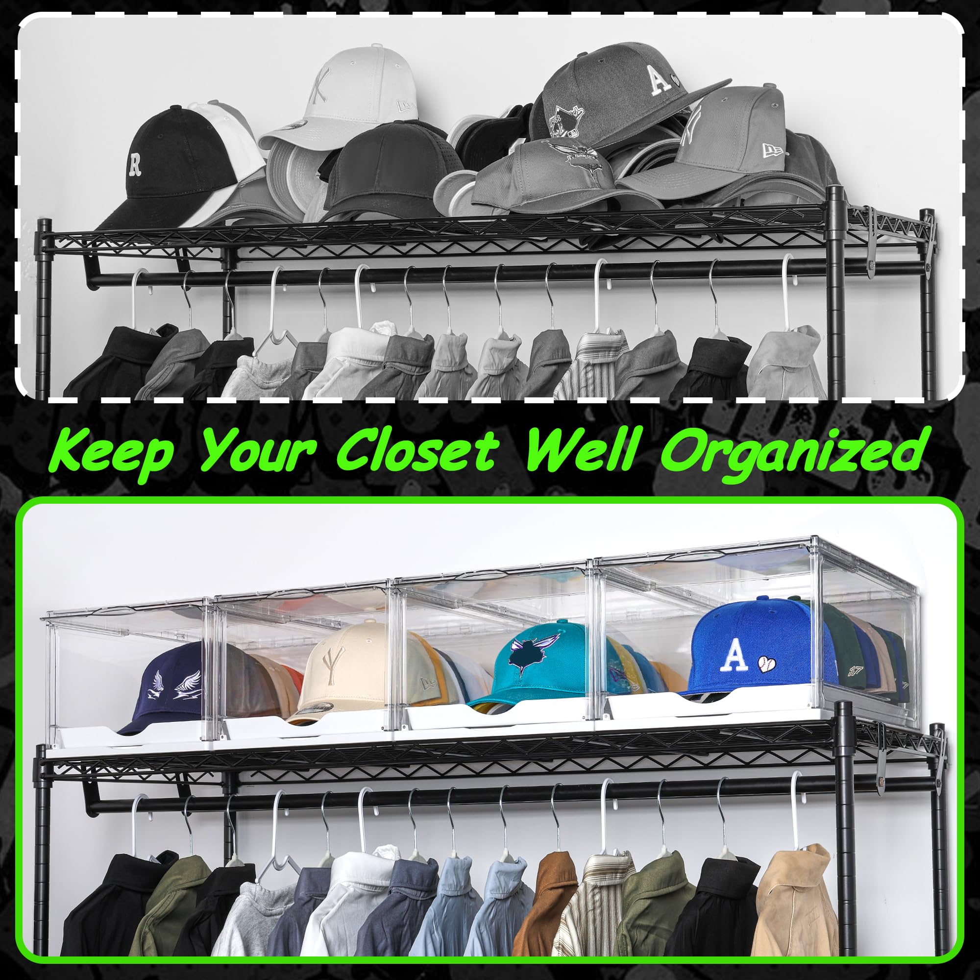 Vtopmart Confezione da 2 organizer per cappelli da baseball, scatola trasparente per cappelli con cassetto, grande contenitore per cappelli con vassoio scorrevole, espositore impilabile con porta