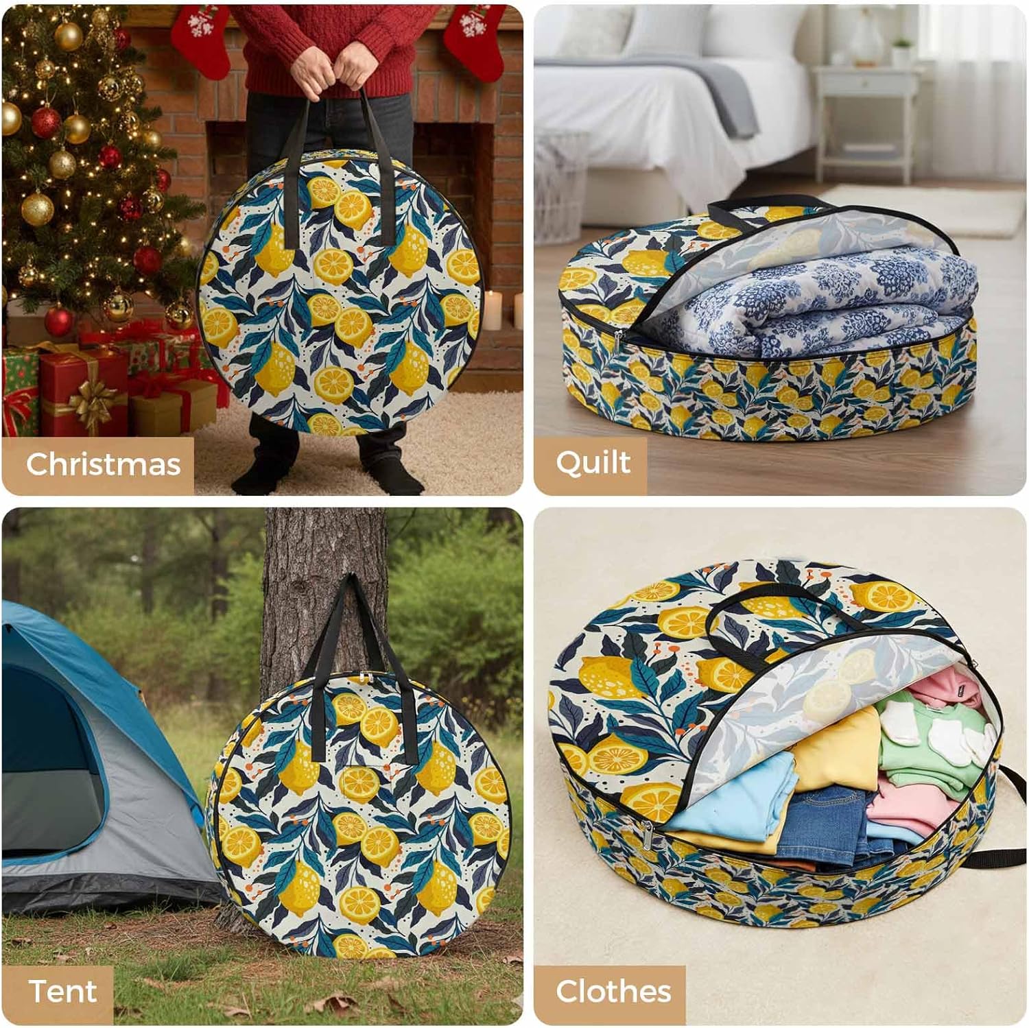 Storage Bag Yellow Lemon Round Storage Totes Bins Closet Organizers with Zippers & Handle Summer Fruit Blue Leaves Clothes Storage Container for Bedroom Dorm Space Saving Packing Supplies Moving Bags