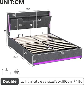 Miyemo Double Bed Frame with Storage, Ottoman Upholstered Bed Frame with Headboard Storage & Hydraulic, 4ft6 Linen Bed Frame with LED-Lighting & Charging-Station, 135x190cm, Grey, (No Mattress)