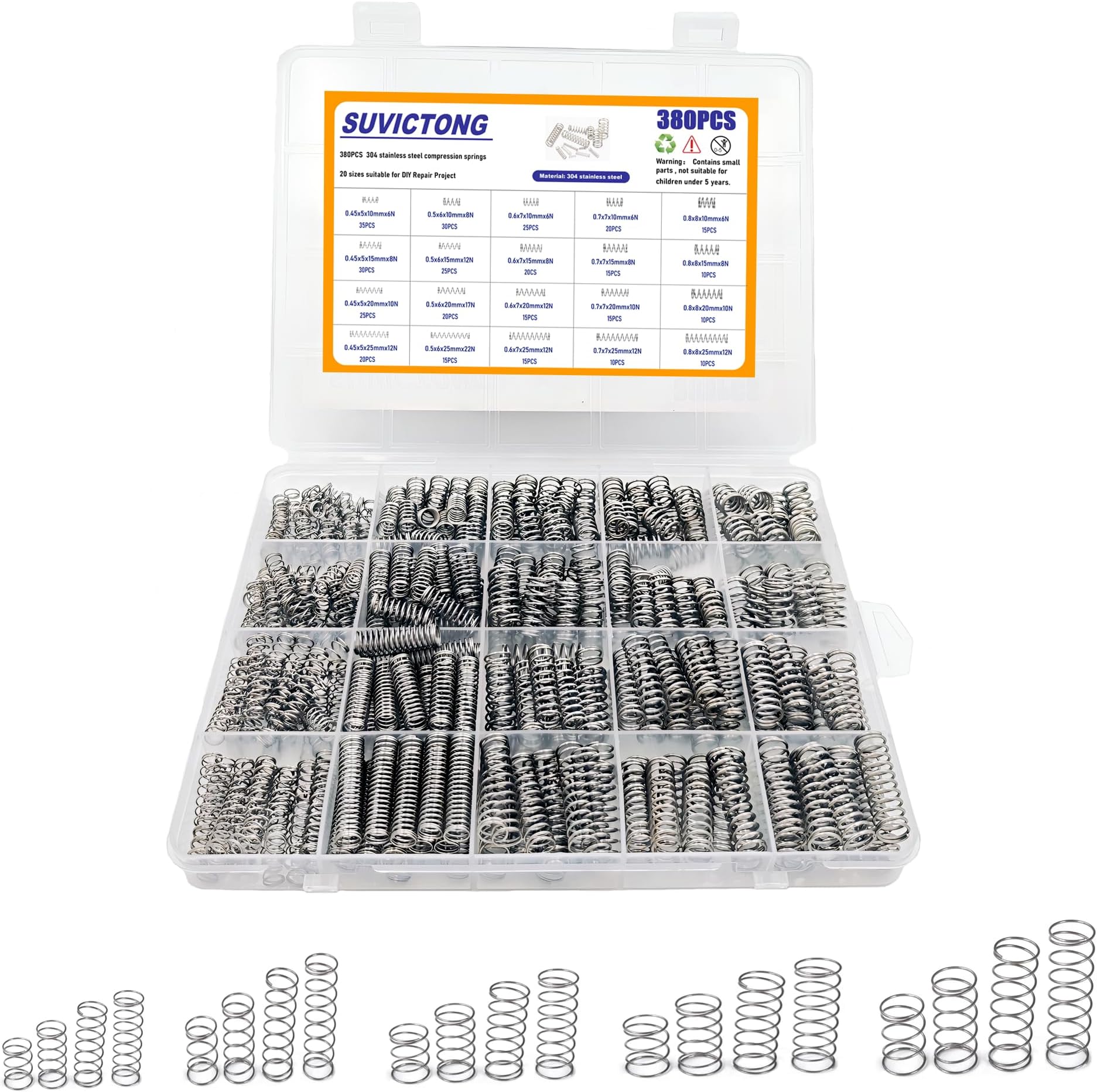 380Pcs Compression Springs Assortment Kit, 20 Different Sizes 304 Stainless Steel Small Springs, Spring Assortment for DIY Project and Home Repairs