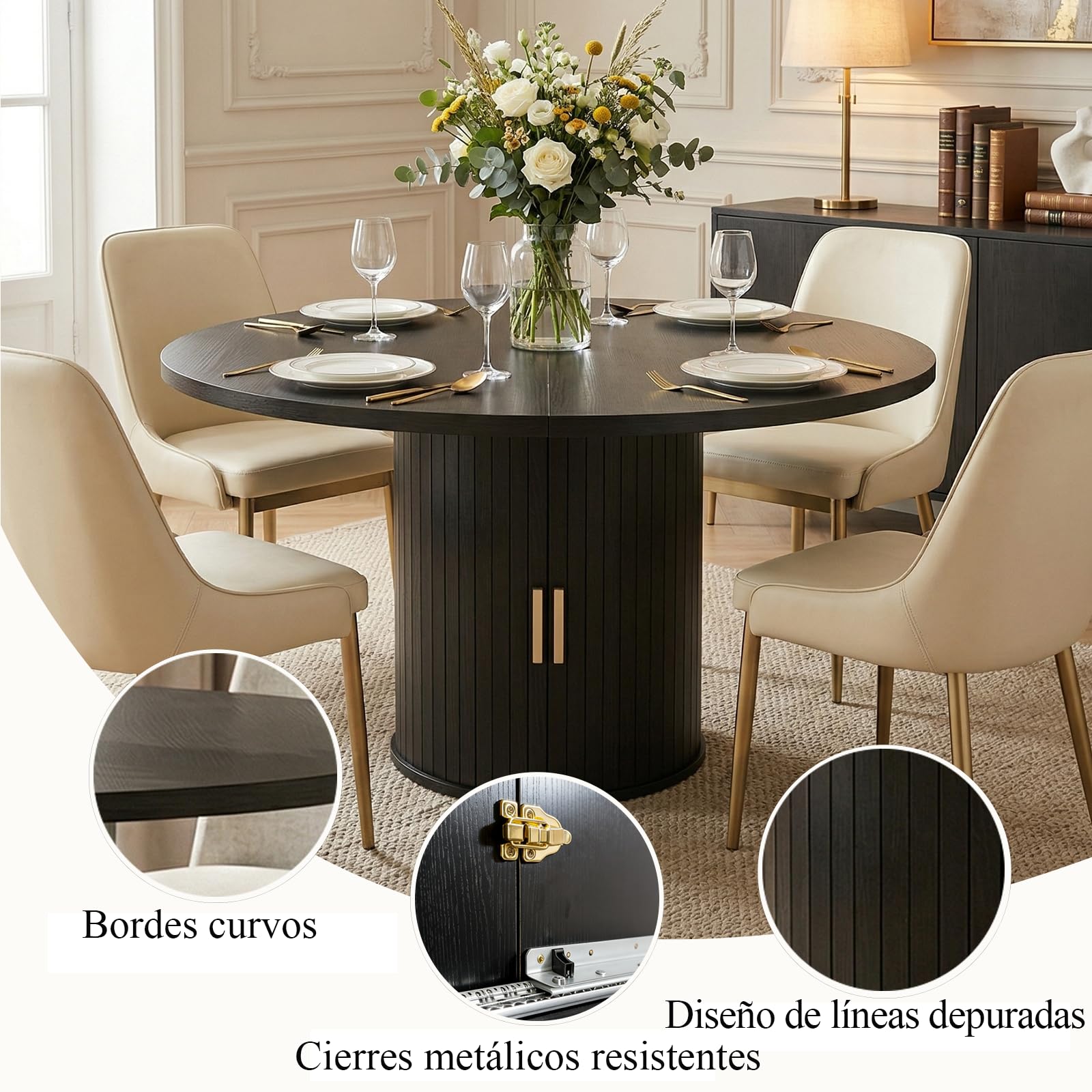 Mesa de comedor redonda extensible - de redonda a ovalada | Mesa de comedor moderna con base cilíndrica, mesa de cocina de madera para 4-6 personas, color negro (solo mesa)