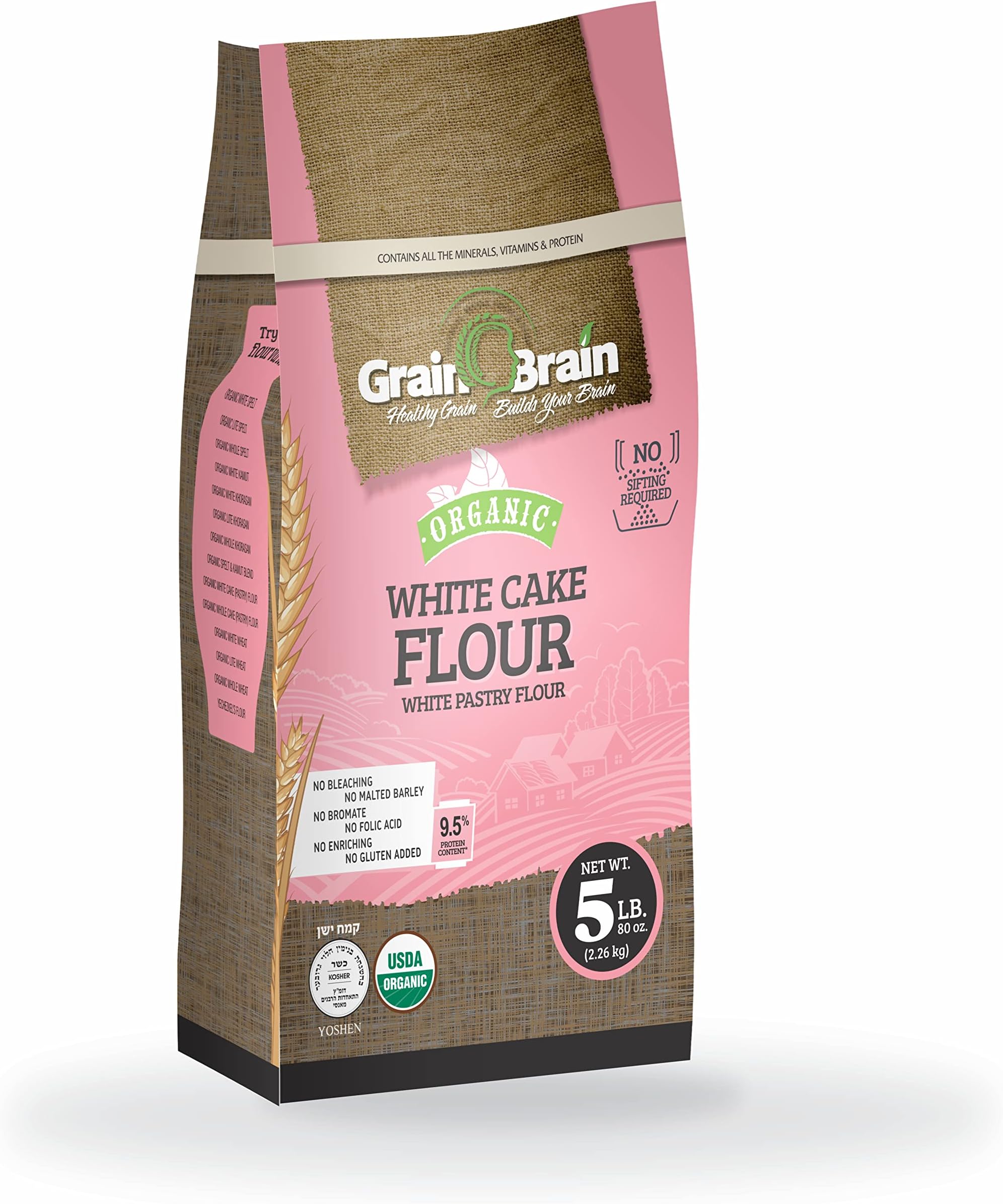 Grain Brain Organic White Cake Flour (5 lb) Pastry Flour,Unbleached, NO potassium Bromate