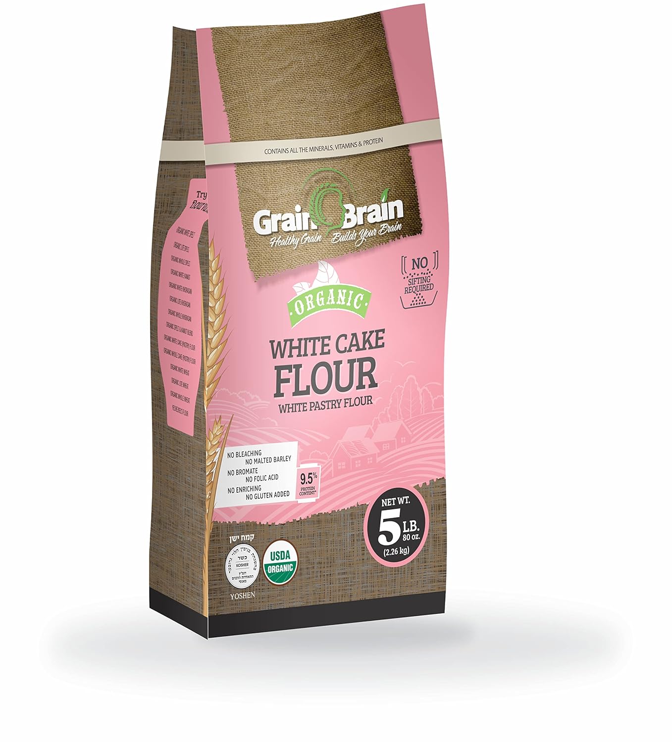 Grain Brain Organic White Cake Flour (5 lb) Pastry Flour,Unbleached, NO potassium Bromate