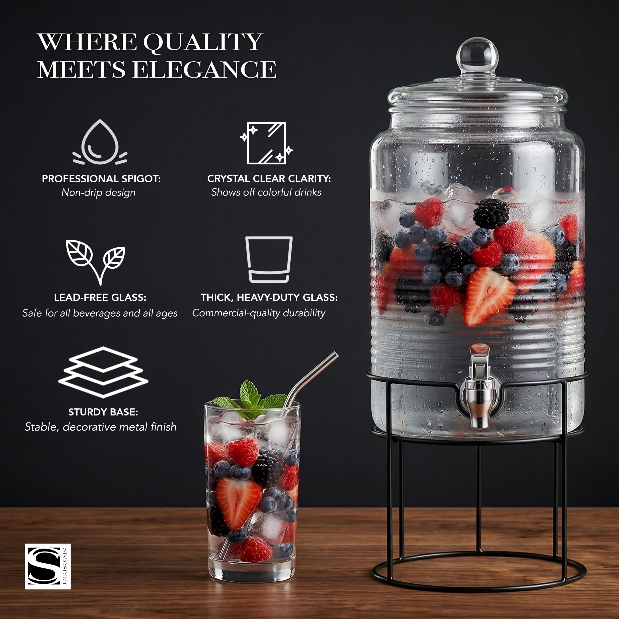 Dispensador de bebidas frías Style Setter con jarra de vidrio de 1.9 galones, tapa de vidrio y espiga acrílica a prueba de fugas, ideal para fiestas, bodas y más