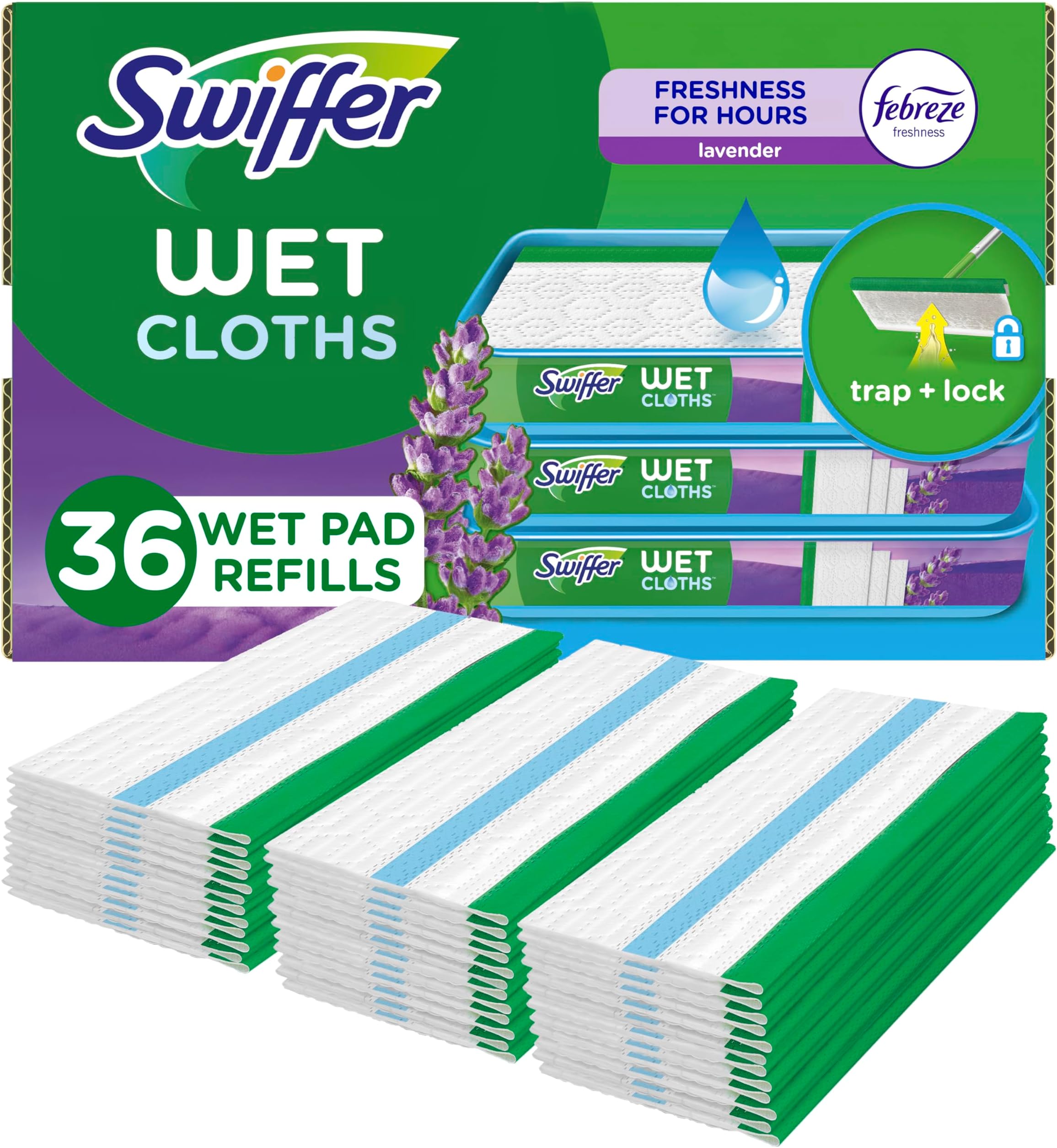 Sweeper Wet Mopping Cloth Multi Surface Refills, Mops for Floor Cleaning, Febreze Lavender Scent, 36 Count