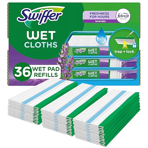 Swiffer Sweeper Wet Mopping Cloth Multi Surface Refills, Mops for Floor Cleaning, Febreze Lavender Scent, 36 Count