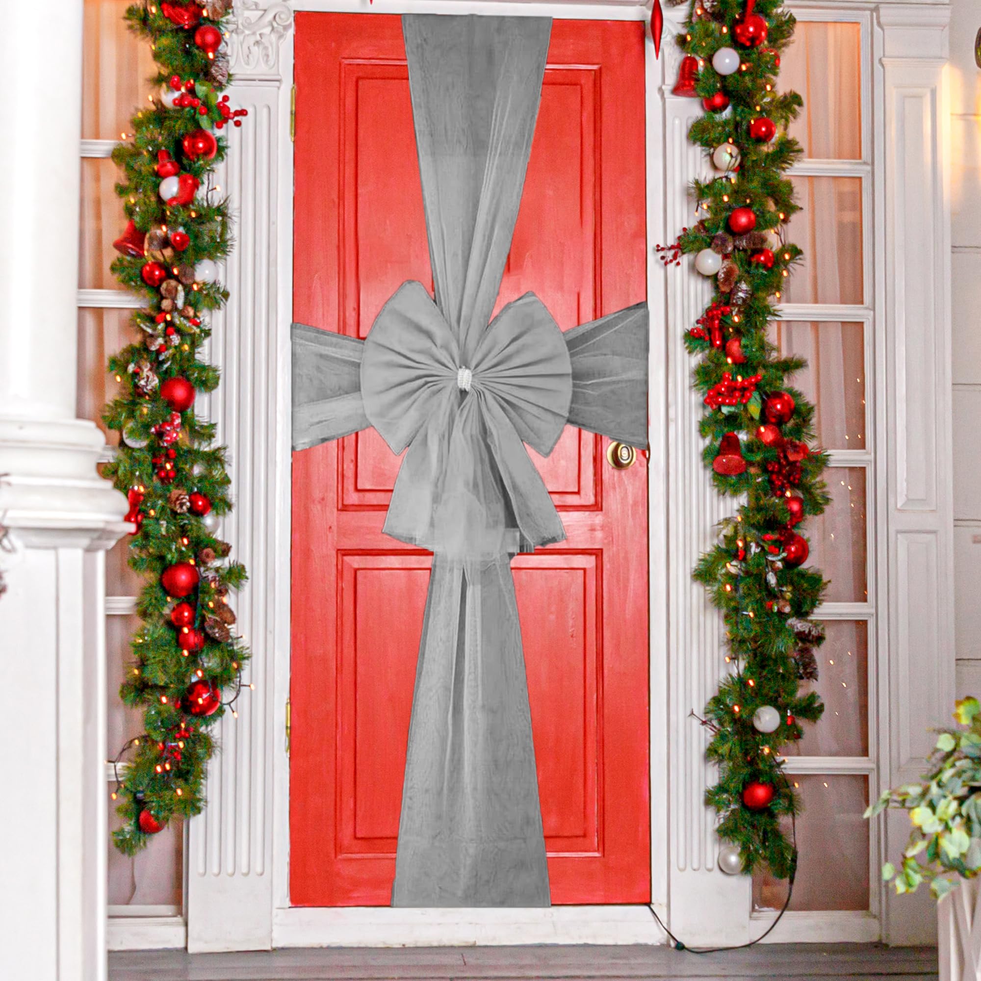 Lazos de Navidad plateados con diamantes de imitación de organza 7,5m para puertas