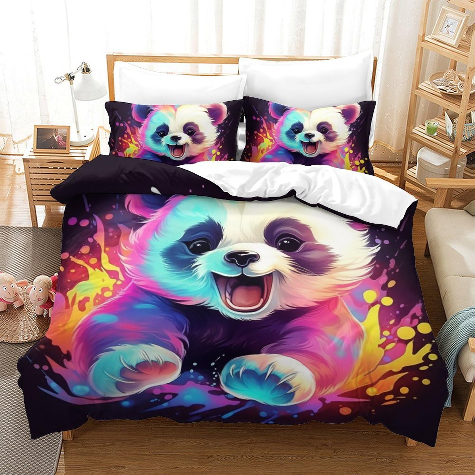 Housse de couette panda 200x200 cm en microfibre respirante avec taies
