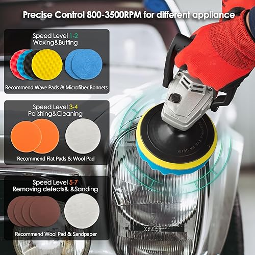 Miniatura 3 de KITLUCK Pulidora de búfer, pulidora rotativa de 12Amp 6 7  para detalles de automóviles, 1400 W 7 velocidad variable máquina pulidora de búfer de