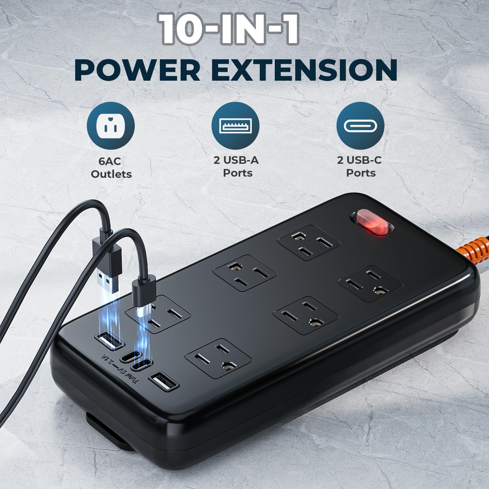 Odporna na warunki atmosferyczne listwa zasilająca 10 w 1 z 6 szerokimi gniazdami, 2 x USB A i 2 x USB C, 1875 W/15 A, płaski kabel przedłużający 1,8 m, do