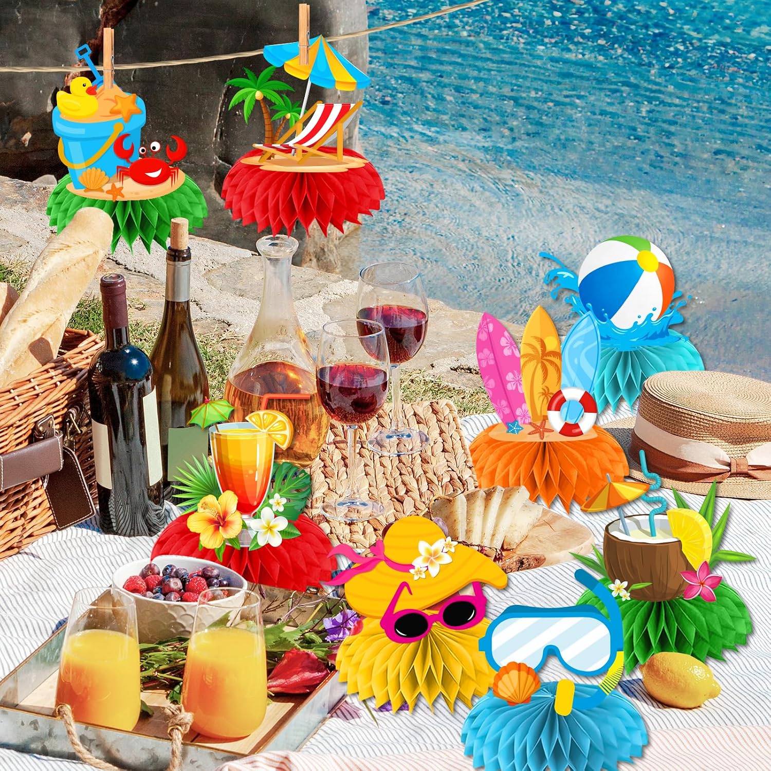 Beach Party Decorations Honeycomb Centerpiece 12Pcs Summer Pool Table Centerpieces Beach Theme Honeycomb Centerpieces for Summer Hawaiian Aloha Luau Pool Theme Birthday Party Supplies