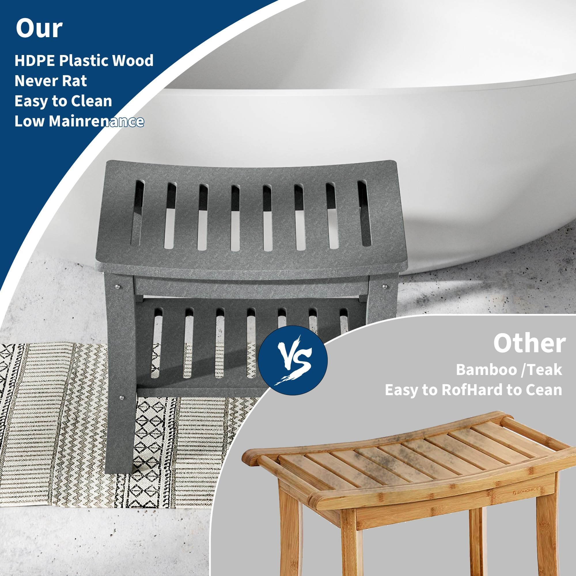 GarveeLife HDPE Duschbank mit Ablage Grau | Rutschfester Duschstuhl aus HDPE Belastbar bis 160kg Pflegeleicht für Bad Senioren und Rasur