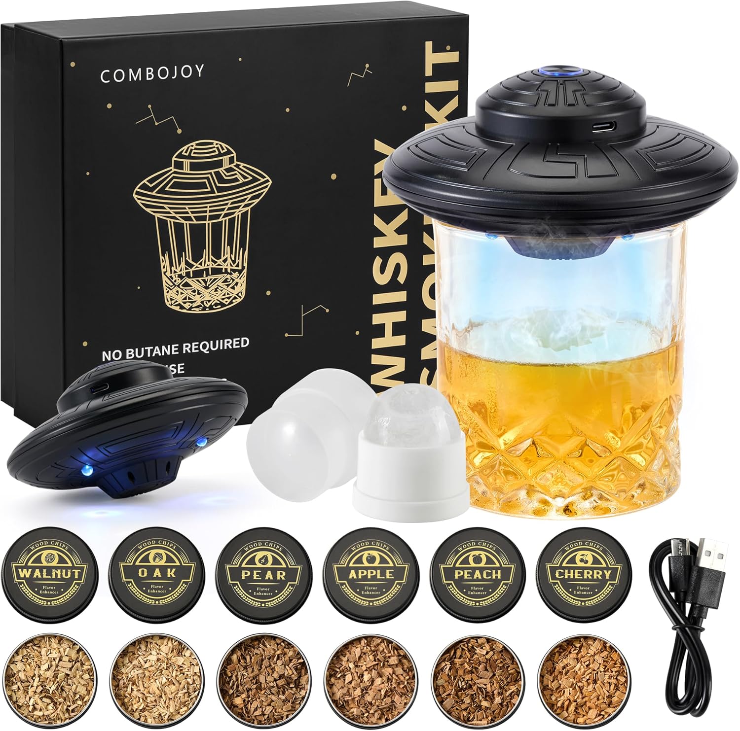 ComboJoy Electric Whiskey Smoker Kit with LED – 6 Flavors Wood Chips, Whiskey Glass & Ice Cube Mold – Rechargeable Cocktail Smoker, Old Fashioned Bourbon Gifts for Men, Dad, Husband -Black