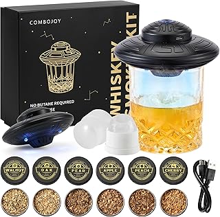 ComboJoy Elektrisches Whisky-Räucherkit mit LED, 6 Aromaholzspäne, Whisky-Glas & Eisform, wiederaufladbarer Cocktail-Räucheraufsatz – Bourbon Geschenk für Männer, Vater & Ehemann, Schwarz
