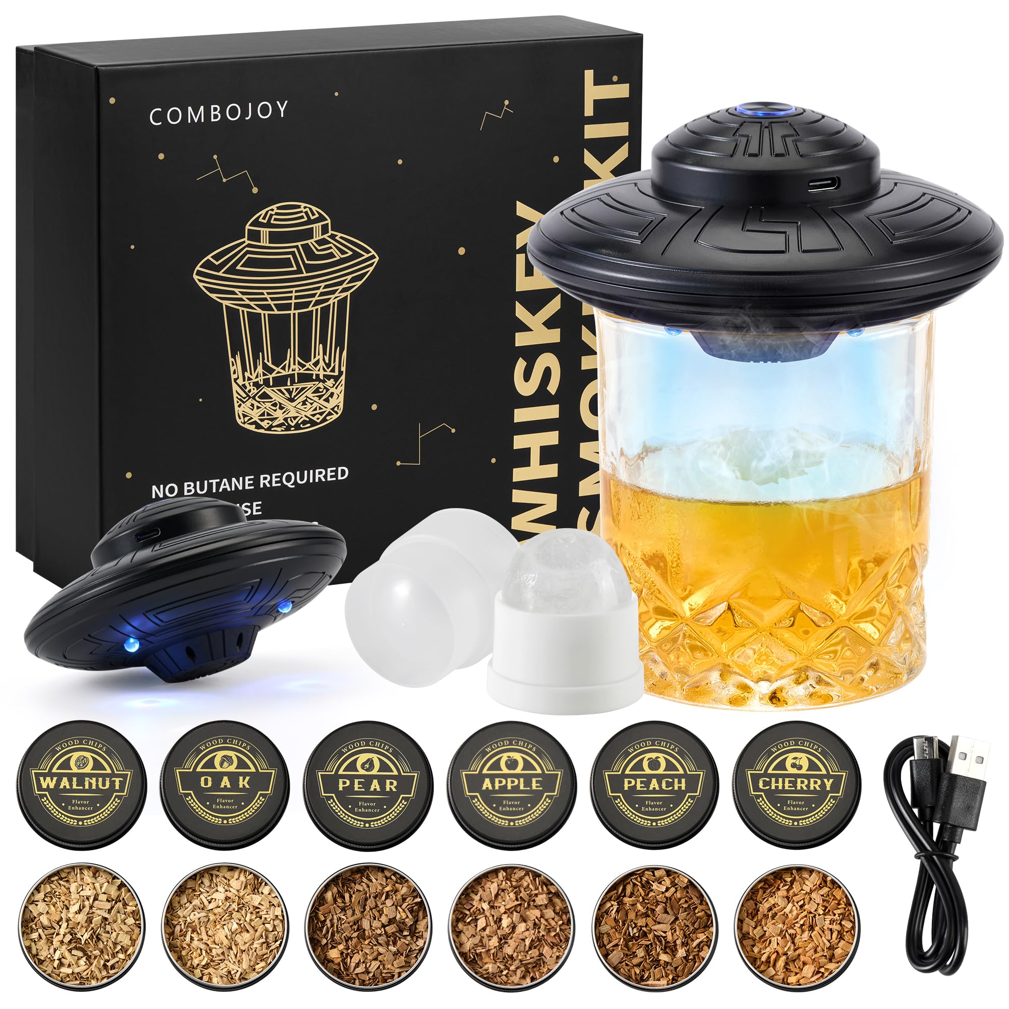 ComboJoy Elektrisches Whisky-Räucherkit mit LED, 6 Aromaholzspäne, Whisky-Glas & Eisform, wiederaufladbarer Cocktail-Räucheraufsatz – Bourbon Geschenk für Männer, Vater & Ehemann, Schwarz