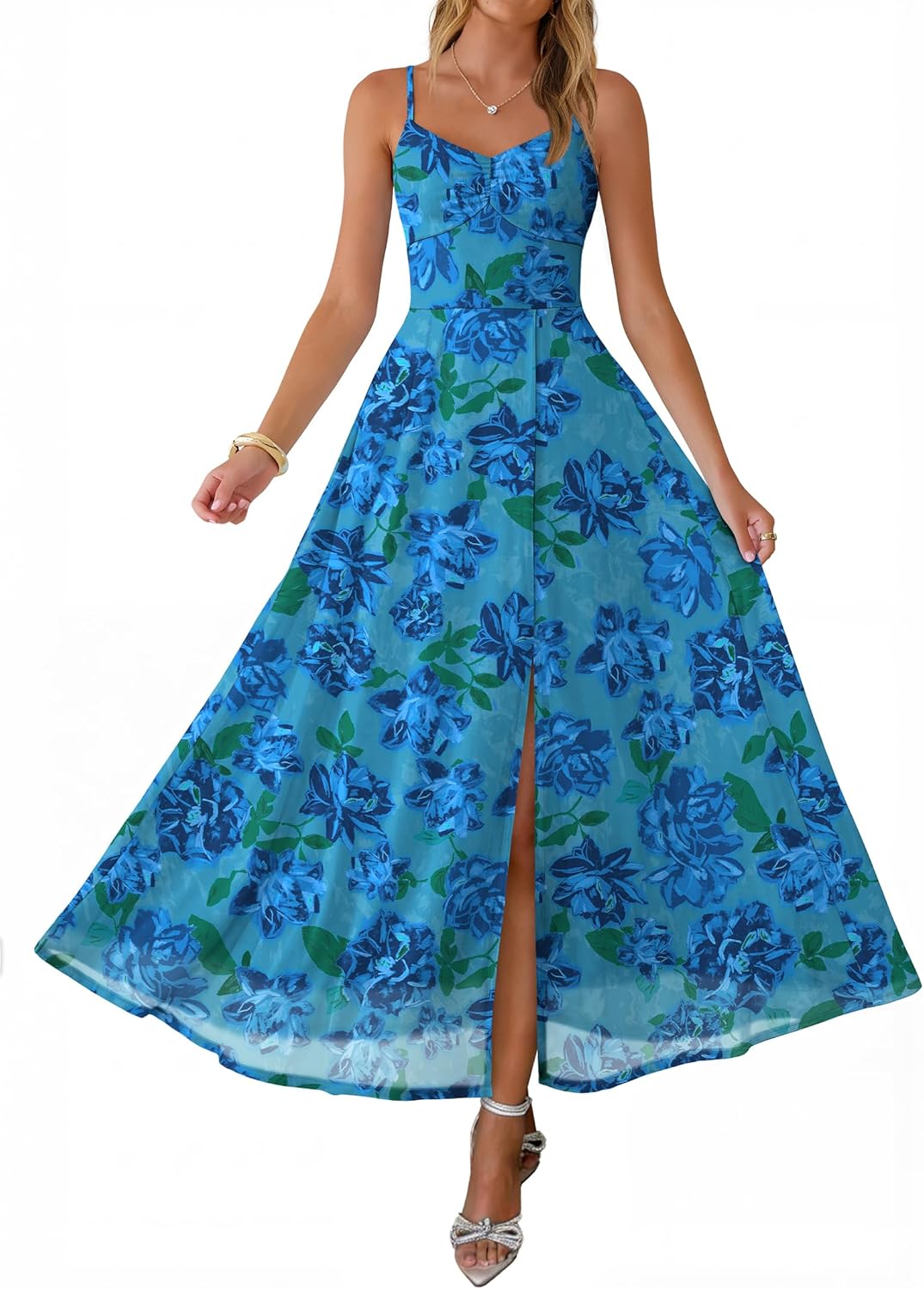 Caracilia Women's Summer Maxi Dresses Floral Mesh Spaghetti Strap Split Formal Wedding Guest Cocktail Party Beach Long Dress