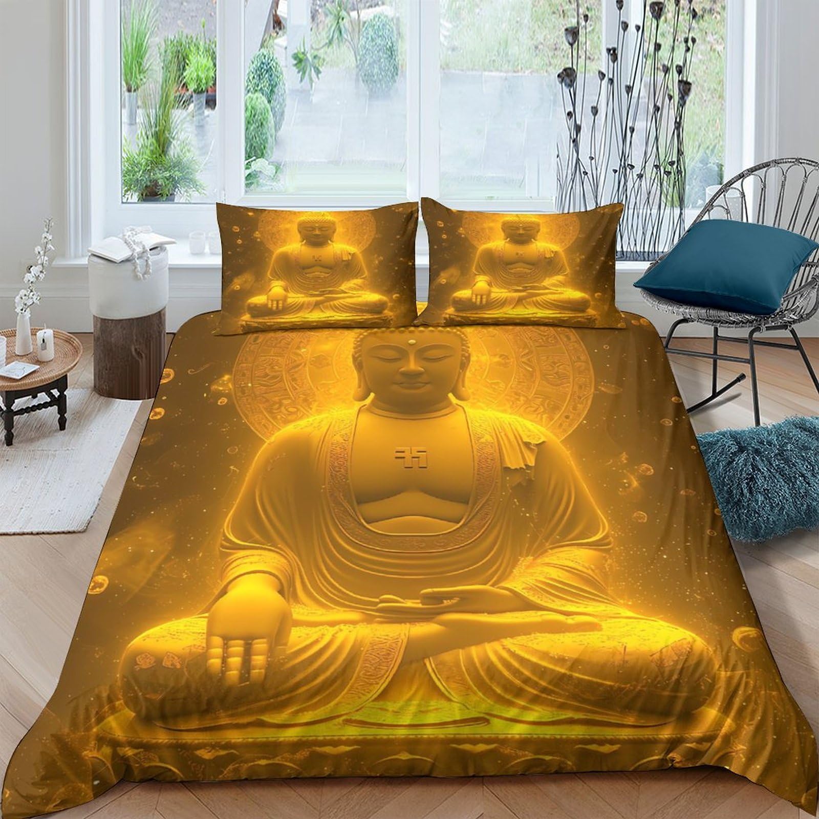 GPLZQXKJNH 3D Printed Golden Buddha Duvet Cover Microfiber Breathable Meditation Zen Bedding Set with 2 Pillowcases for Bedroom Home Single（135x200cm）