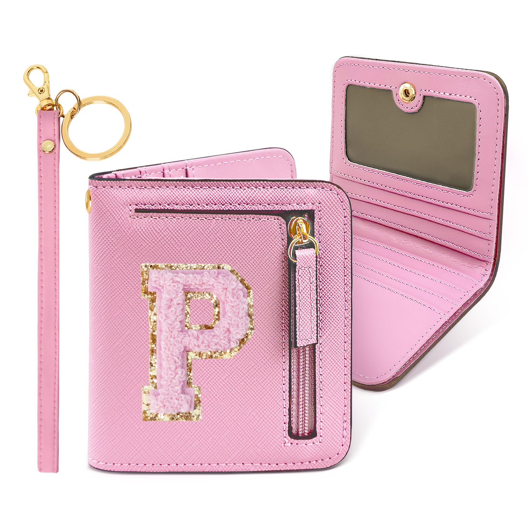 COSHAYSOO Preppy Wallet Gifts for Teen Girls Women Small Wallet RFID Bifold PU Leather Christmas Valentines Easter Mothers Fathers Day Nurse Appreciation Graduation Gifts Chenille Letter P Pink