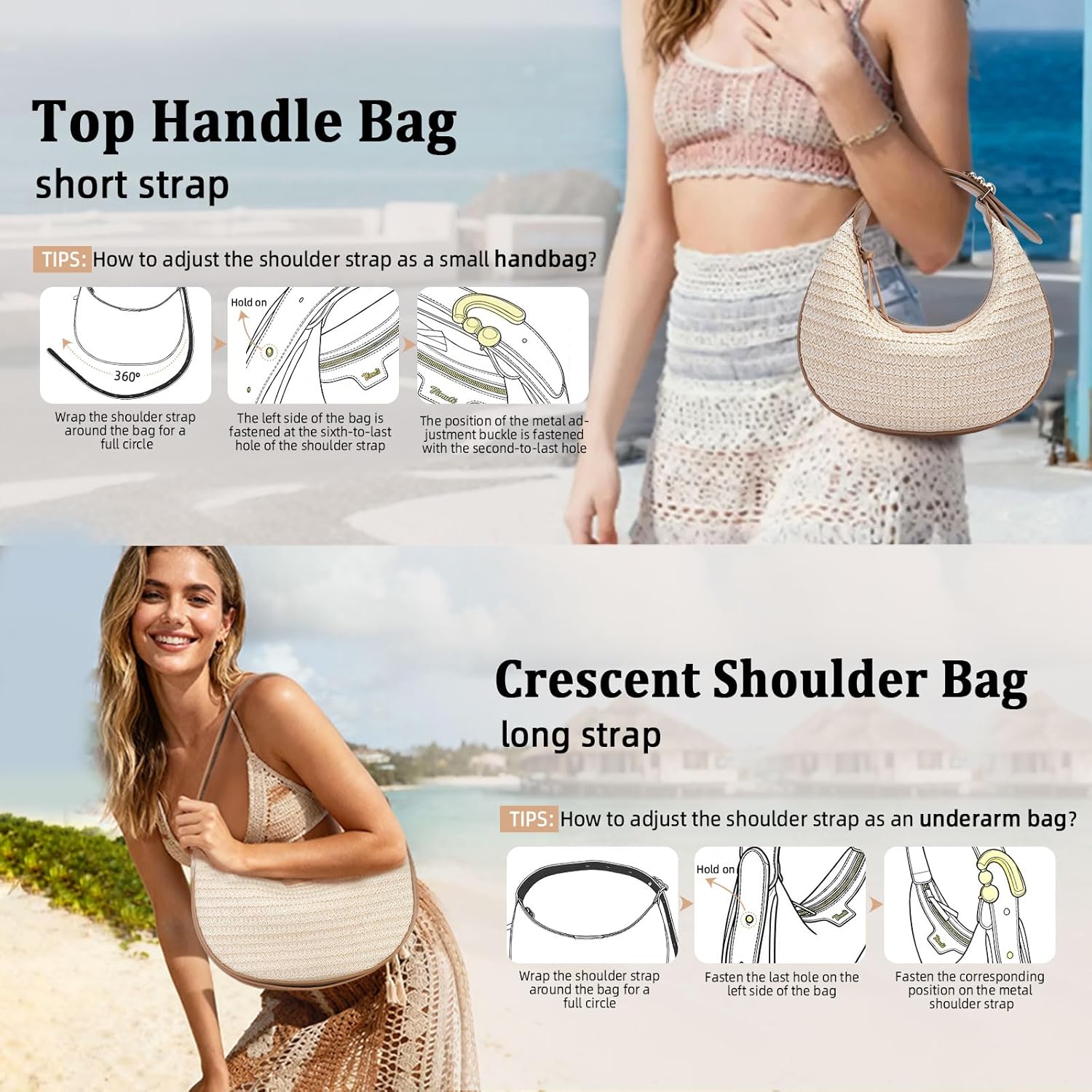 Crescent Shoulder Bag for Women, Small Vegan Leather Crossbody Purse Hobo Handbag with Adjustable Strap for Travel - Image 2