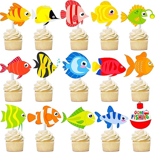 Miniatura 2 de 36 decoraciones para cupcakes de pescado, temática de pesca, suministros para fiestas de cumpleaños, decoraciones para cupcakes de pesca para niños,