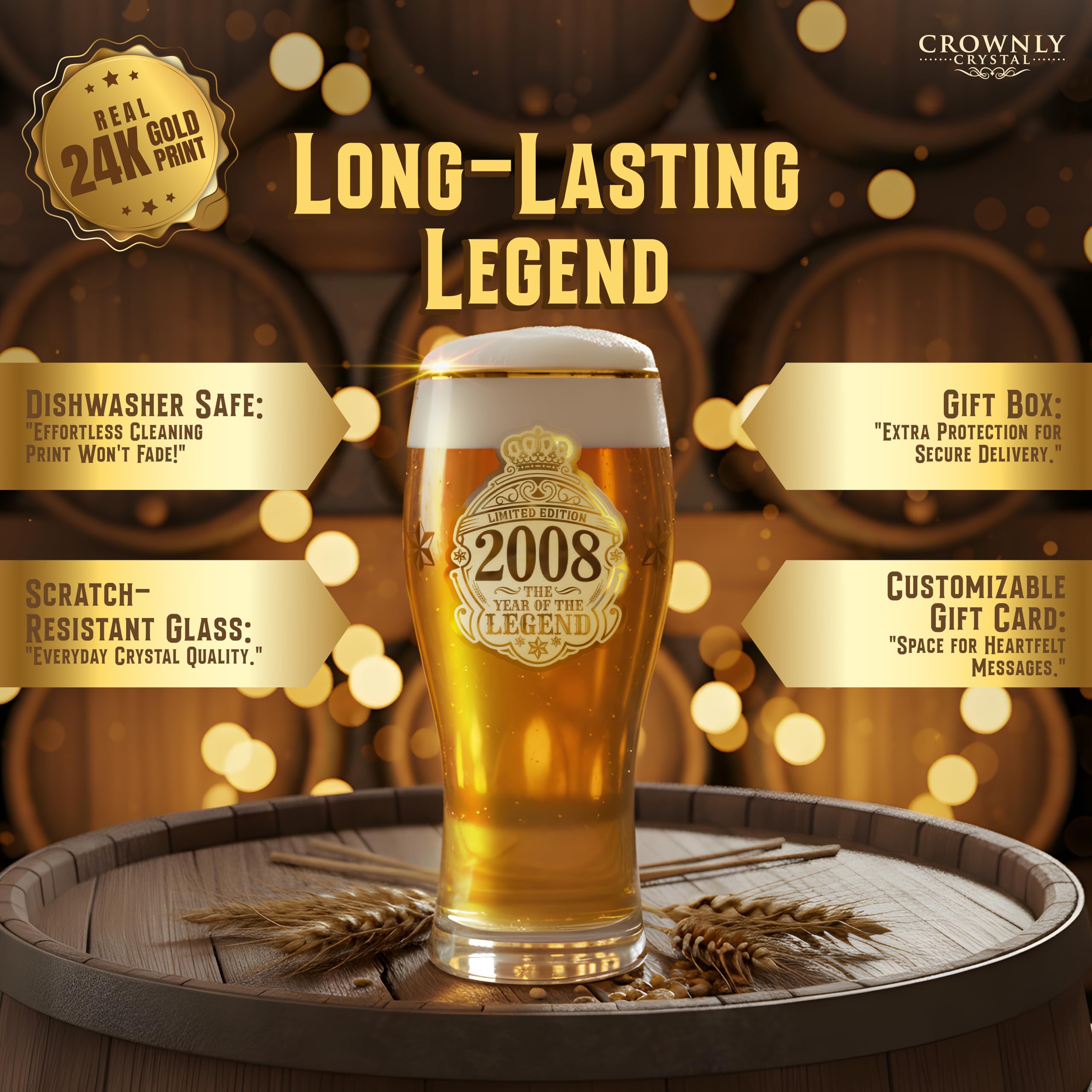 CROWNLY CRYSTAL® 2008 Regalo 18 Anni Ragazzo Bicchieri Birra 570 ml Bicchieri Personalizzati Decorazioni Compleanno 18 Biglietto Auguri 18 Anni Regalo Compleanno Uomo Regalo Amica Regalo Amico