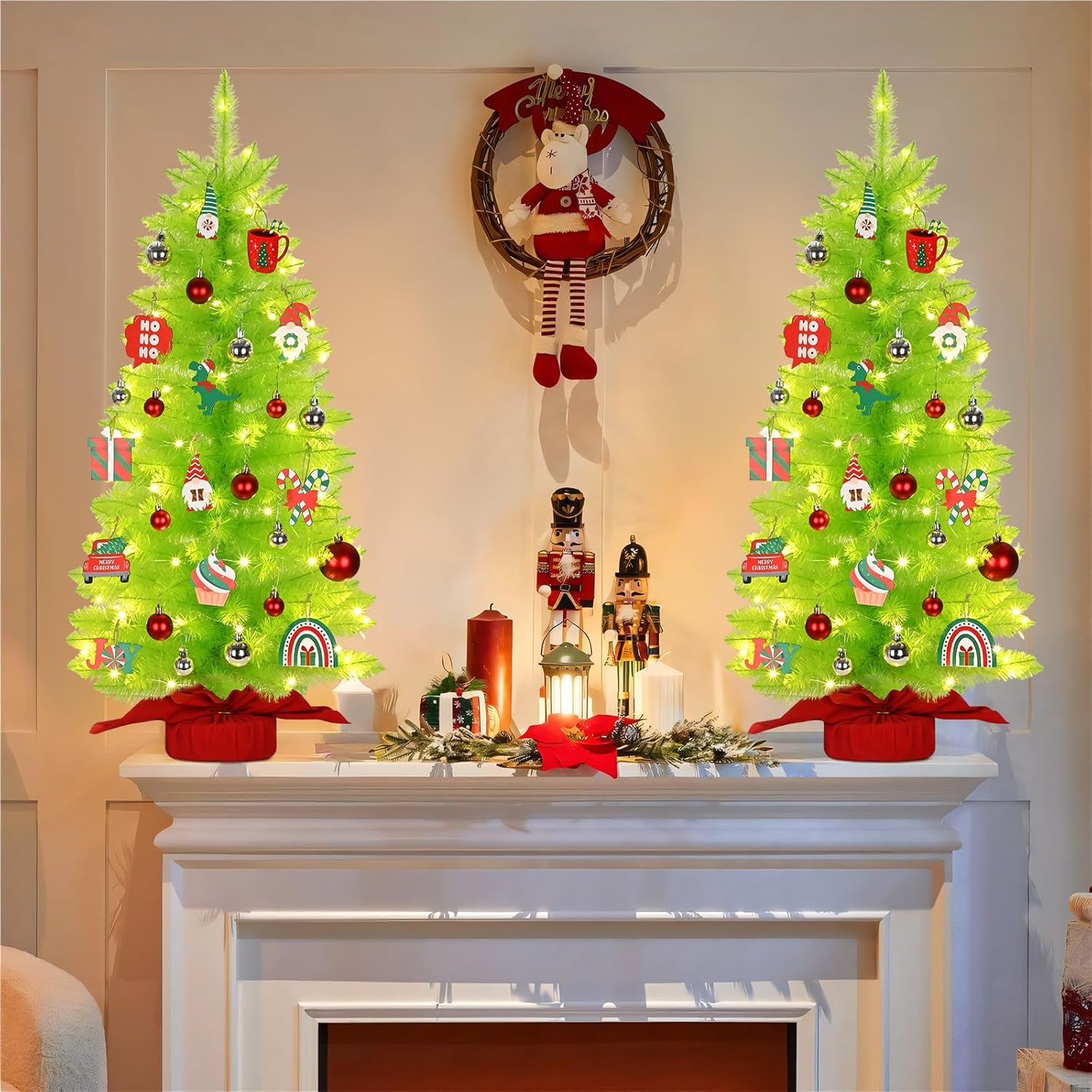 3.4Ft Whimsical Christmas Tree, Lime Green Christmas Tree with Lights and Ornaments, Bendable Artificial Trees for Holiday, Party, Home Xmas Decor