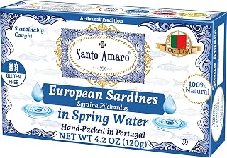 Santo Amaro – Authentic European Sardines in Water, Hand-Packed Canned Sardines Wild Caught Sardines in Water, Sea Salt, 140 Calories, Portuguese Sardines, Low Mercury, 19g Protein, Pack of 12