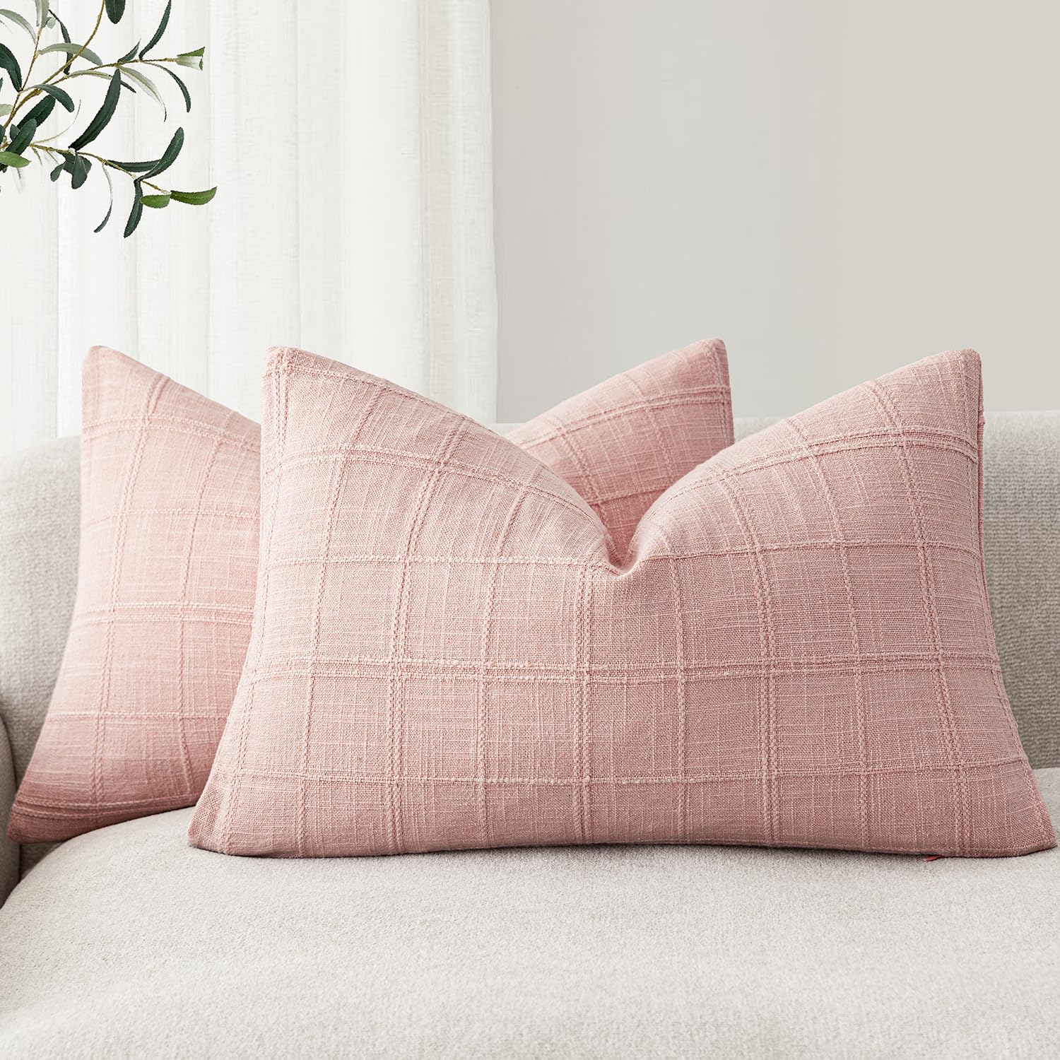 Foindtower Textured Linen Check Lumbar Throw Pillow Covers 12×20 Light Pink