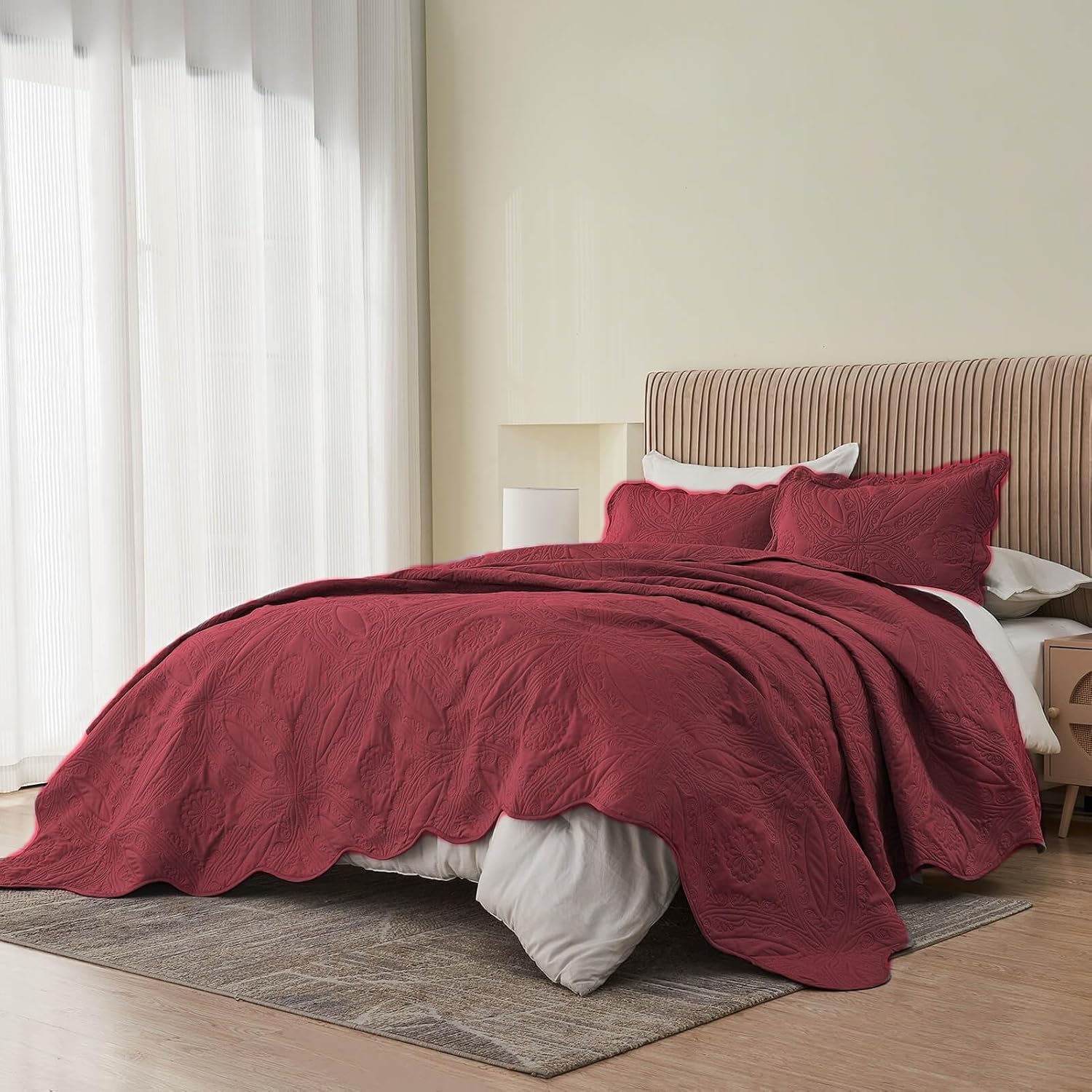 Kingnex Oversized King Bedspreads 128x120 for Extra Wide Tall King or Cal King Bed Ultrasonic Quilted Coverlet Set 3 Piece Include 1 Quilt 2 Pillowcases Burgundy