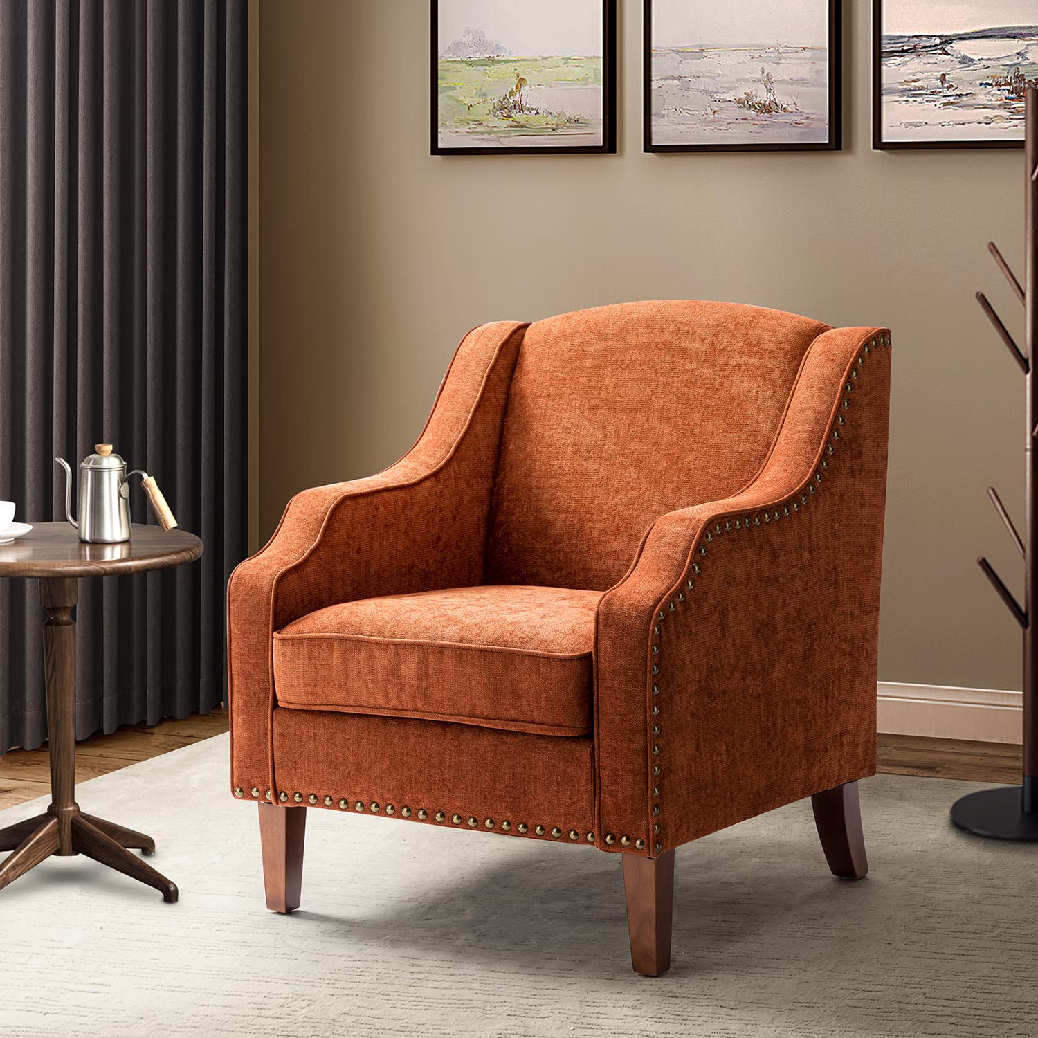 HULALA HOME Contemporary Accent Chairs, Comfy Upholstered Armchair with Removable Cushion & Wood Legs, Nailhead Trim Slipper Chair for Living Room, Bedroom, Reading (Rust)