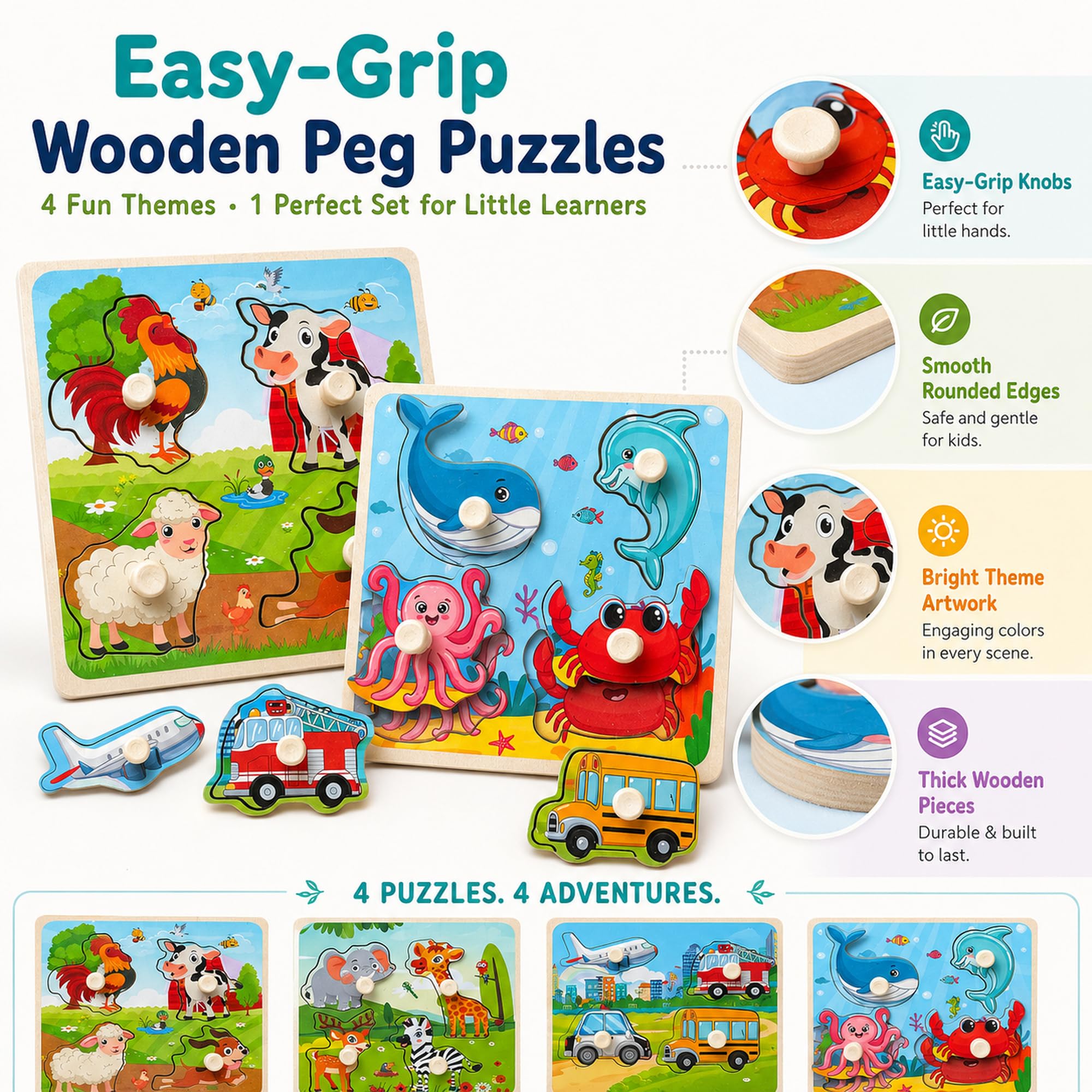 Wooden Peg Puzzle Set for Toddlers, 4 Pack Animal Vehicle Ocean Farm Puzzles, Montessori Wooden Puzzles for Ages 2-4, Preschool Learning Toys for Fine Motor Skills, Gifts for Boys Girls 1 2 3 4