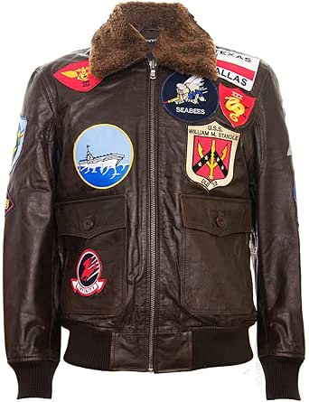 Men's Air Force A2 Flight Leather Bomber Jacket with Sheepskin Collar and Patches