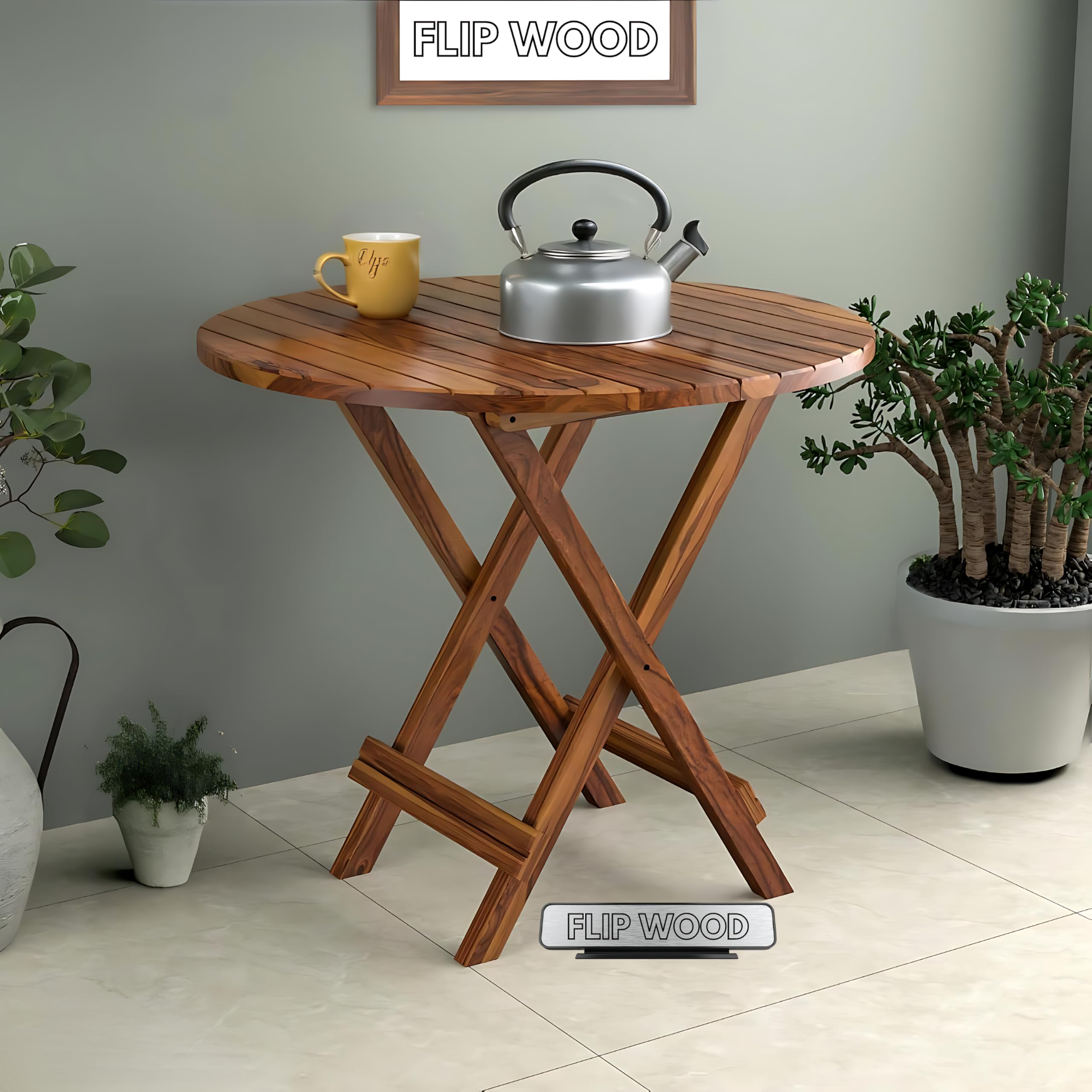FLIP WOOD Solid Wood Foldable Coffee Table | Round Folding Tea Table for Living Room, Patio & Outdoor | Portable End Table for Picnic, Balcony & Garden (Honey Finish)-image-15