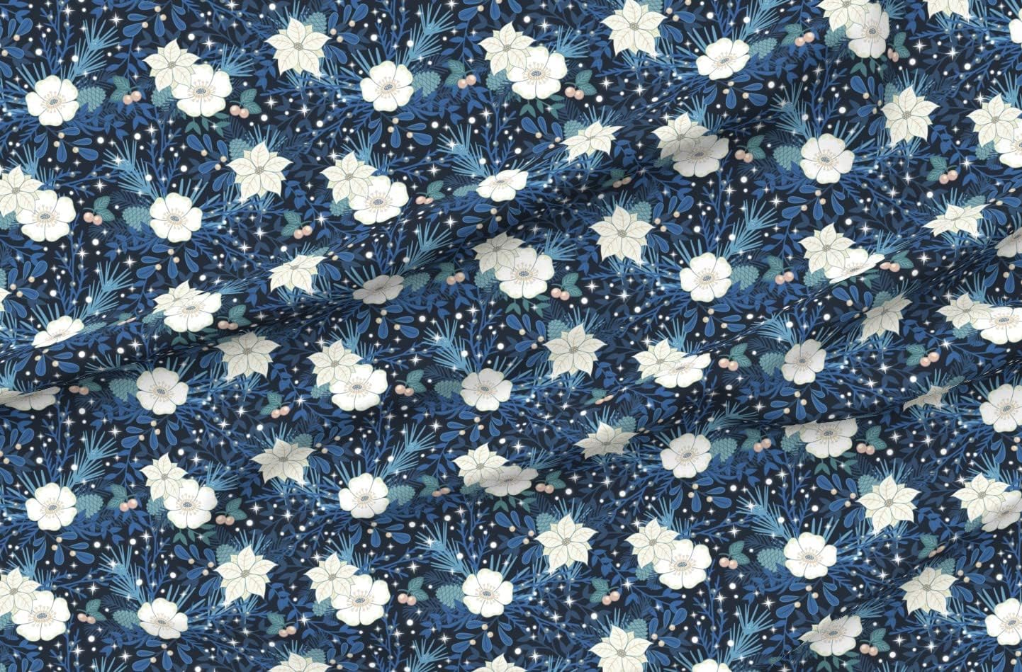 Spoonflower Fabric - Magical Blue Winter Flowers Christmas Roses Xmas Blooms Flora Printed on Minky Fabric by The Yard - Sewing Baby Blankets Quilt Backing Plush