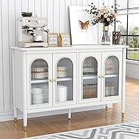 Vista 1 de 48” Arched Sideboard Buffet Cabinet, Mid-Century Accent Storage Cabient with 4 Glass Doors, White Credenza Decorative Cabinet for Dining Room