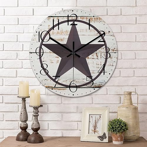 Tollyee Reloj de pared decorativo de 10 pulgadas con estrella del oeste de Texas vintage reloj de madera de granja silencioso sin tictac funciona